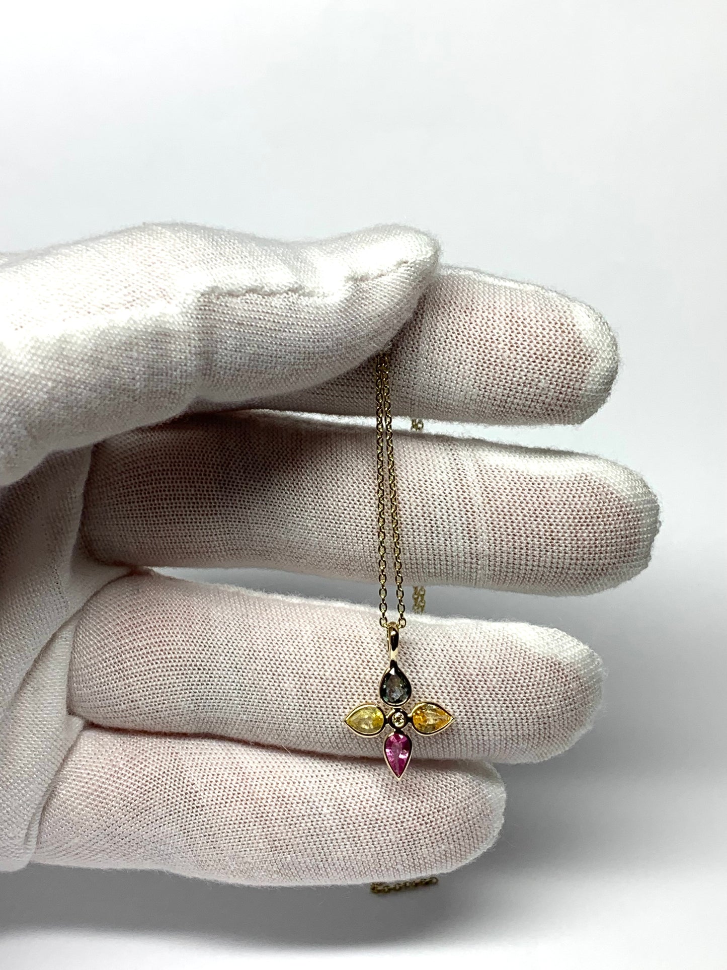 14K Solid Yellow Gold, Multi Color  Sapphires, Diamond “Flower” Pendant, Mini Size