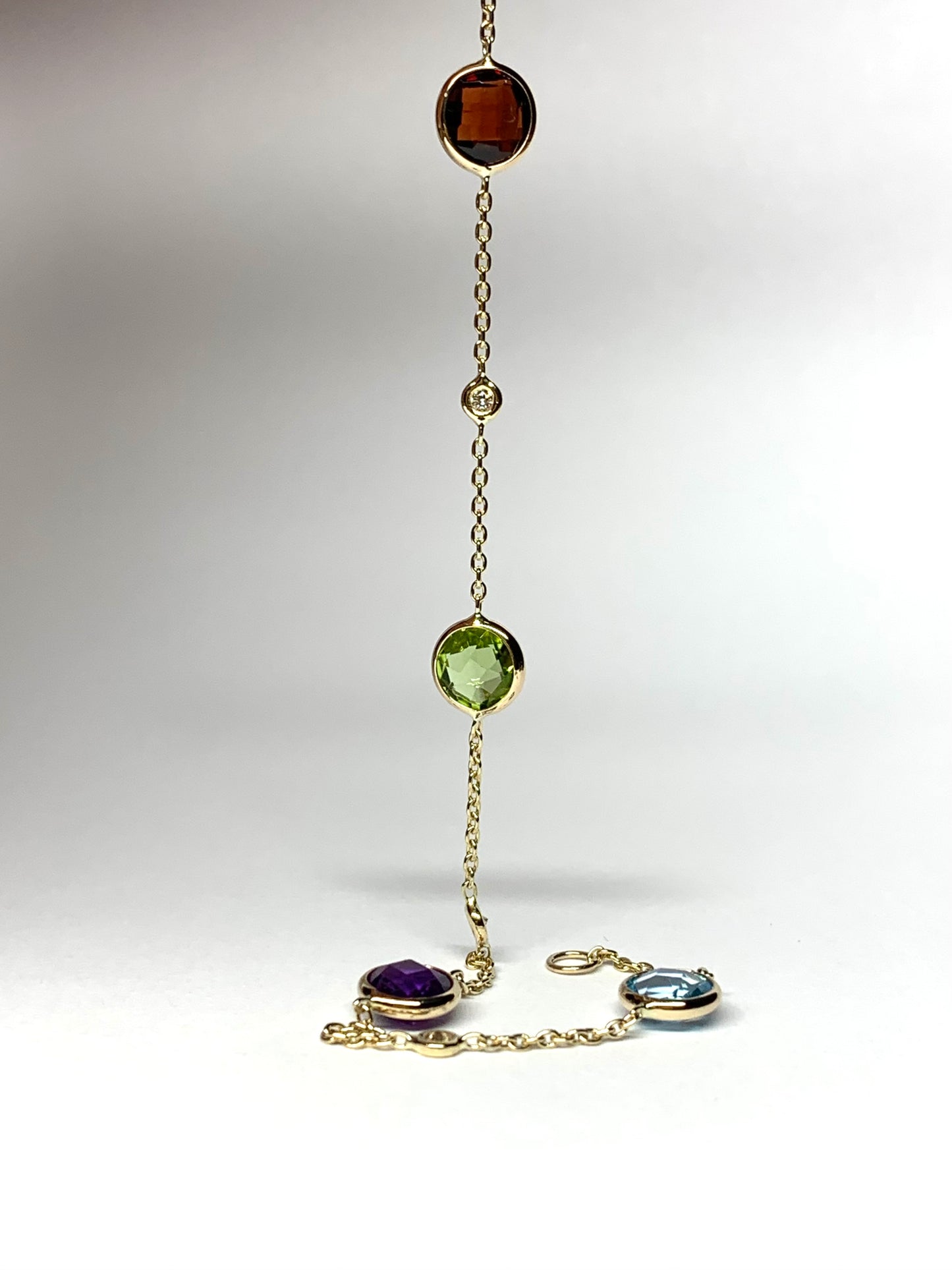 14k Solid Yellow Gold, Diamonds, Multi Gemstone Bracelet, Citrine, Garnet, Peridot, Amethyst, Blue Topaz