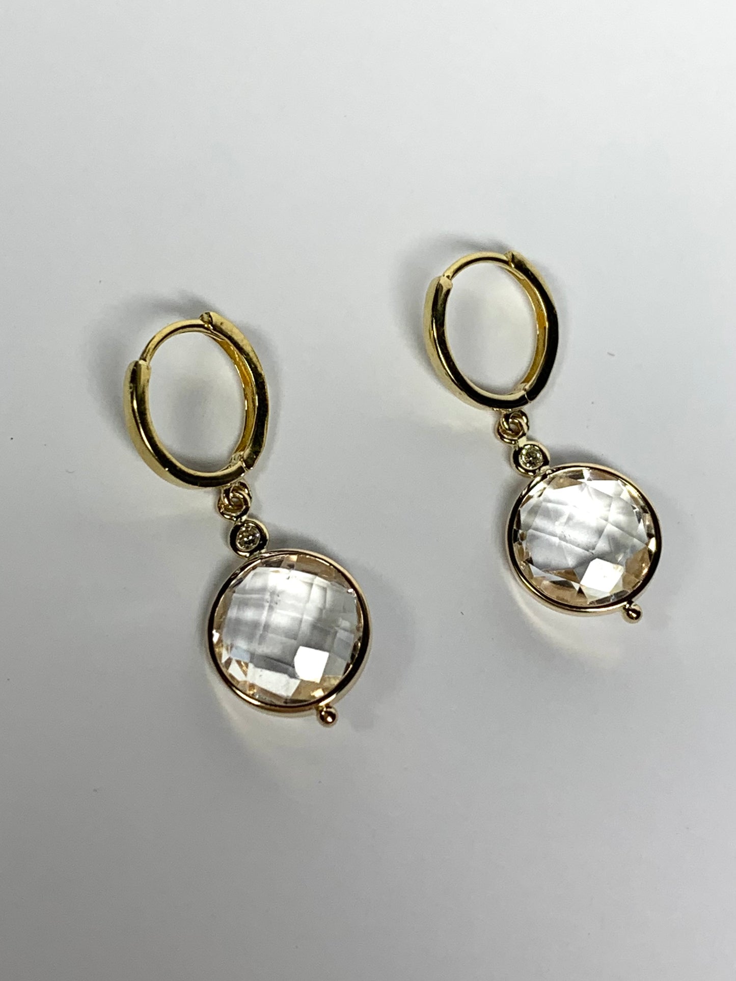 14k Solid Yellow Gold, Natural Diamonds, Clear Quartz Dangling Drop Hoops Earrings