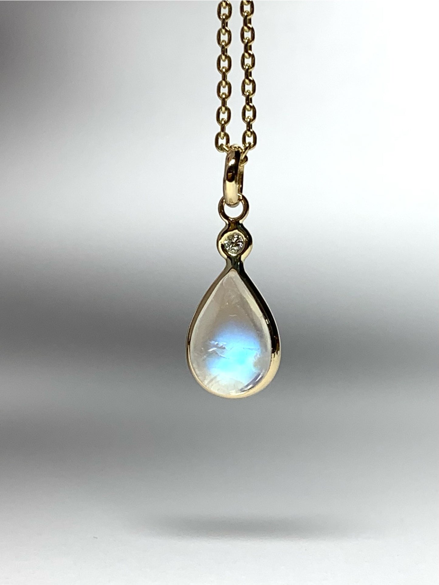 14k Solid Yellow Gold, Diamond, Pear Shaped Blue Rainbow Moonstone Mini Pendant