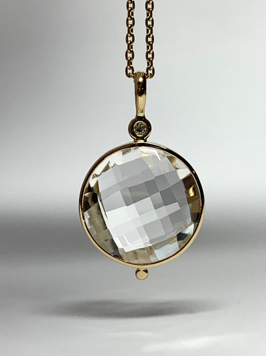 14K Solid Yellow Gold, Diamond, Round Clear Quartz Drop Pendant