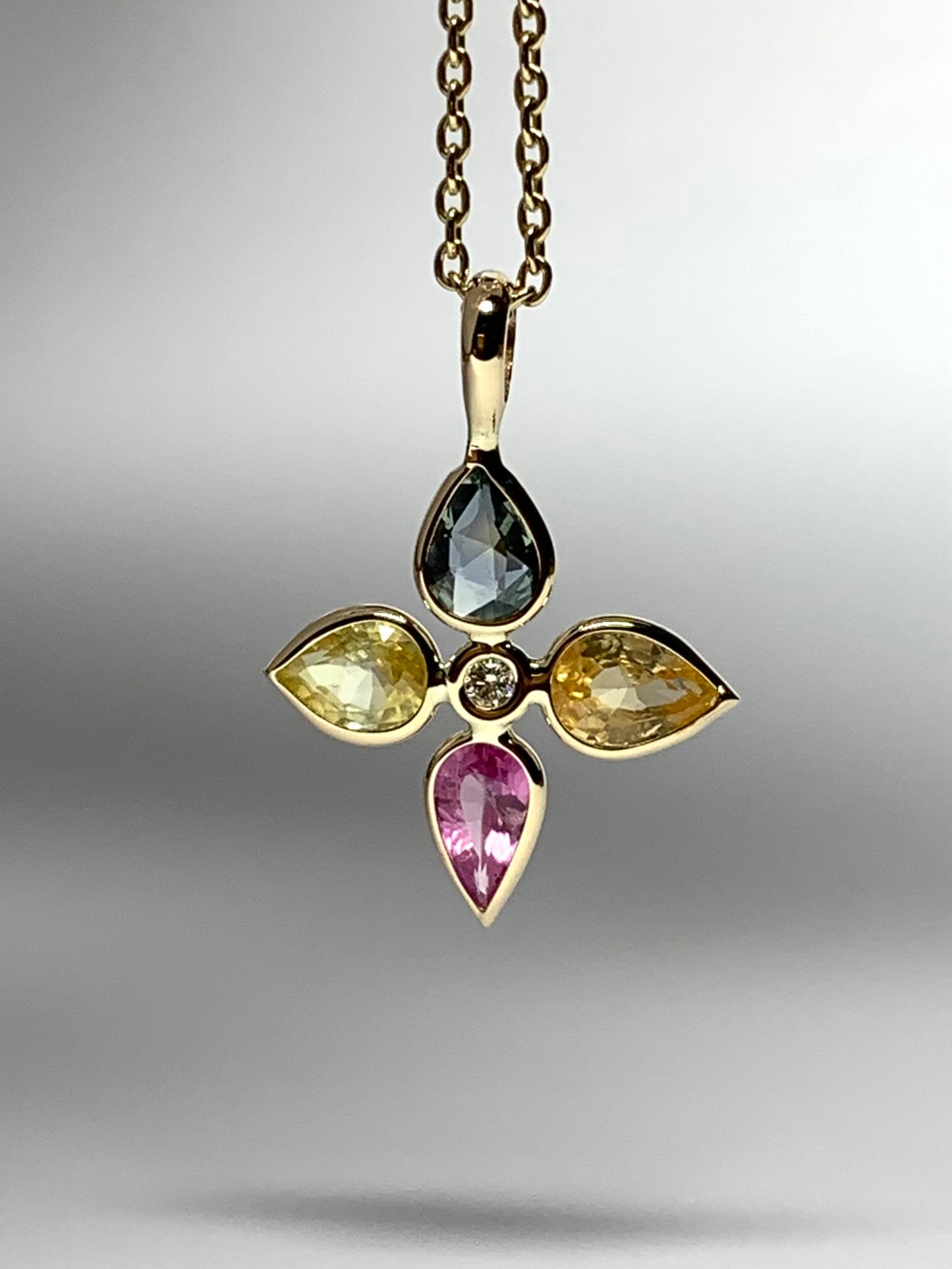 14K Solid Yellow Gold, Multi Color  Sapphires, Diamond “Flower” Pendant, Mini Size