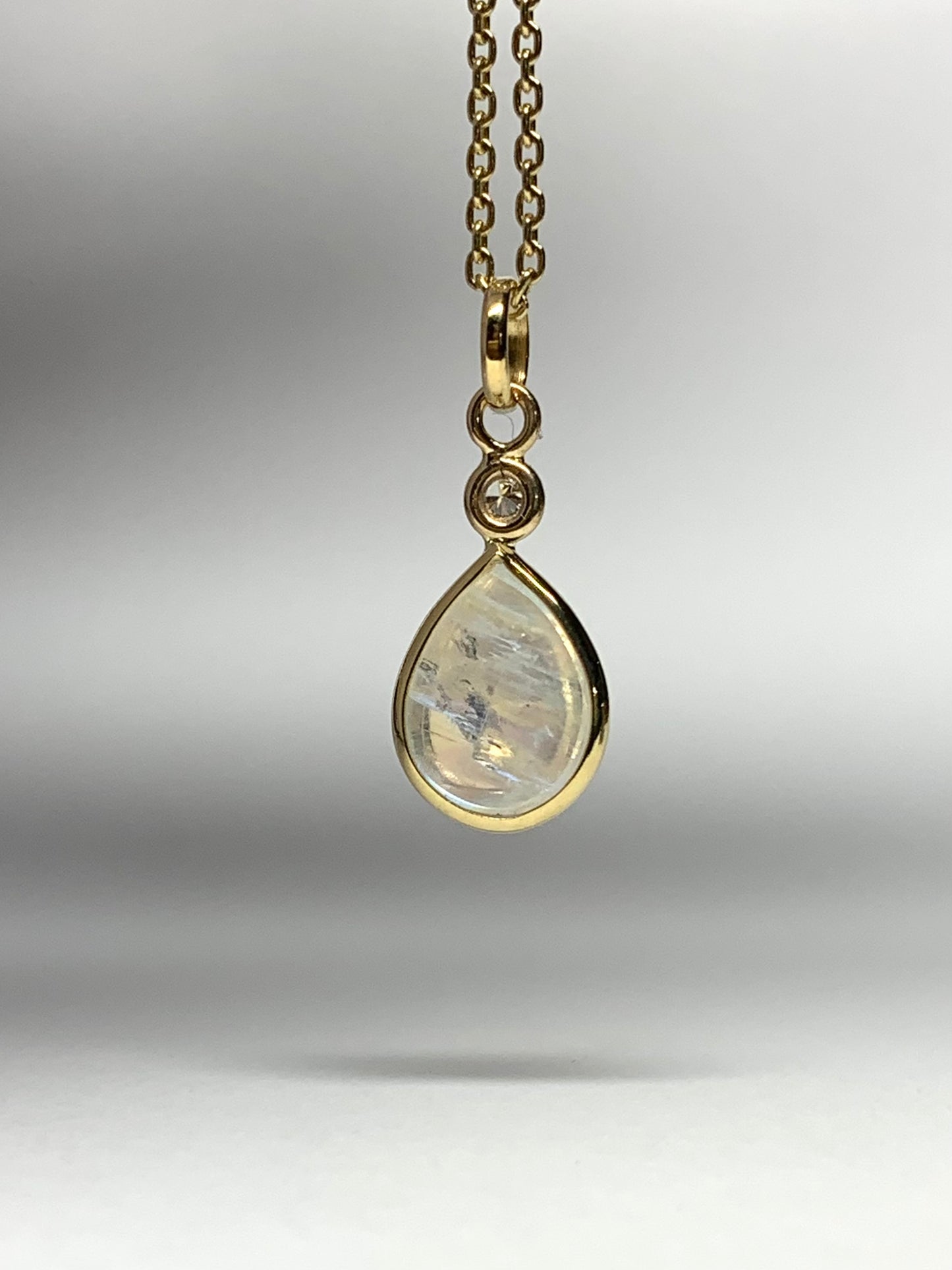 18k Solid Yellow Gold, Diamond, Pear Shaped Blue Rainbow Moonstone Mini Pendant