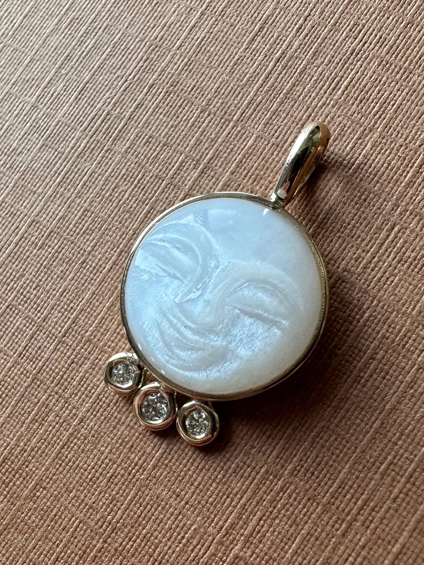 14k Solid Yellow Gold, White Moonstone, White Diamonds “Moon and Stars” Pendant, Small Size