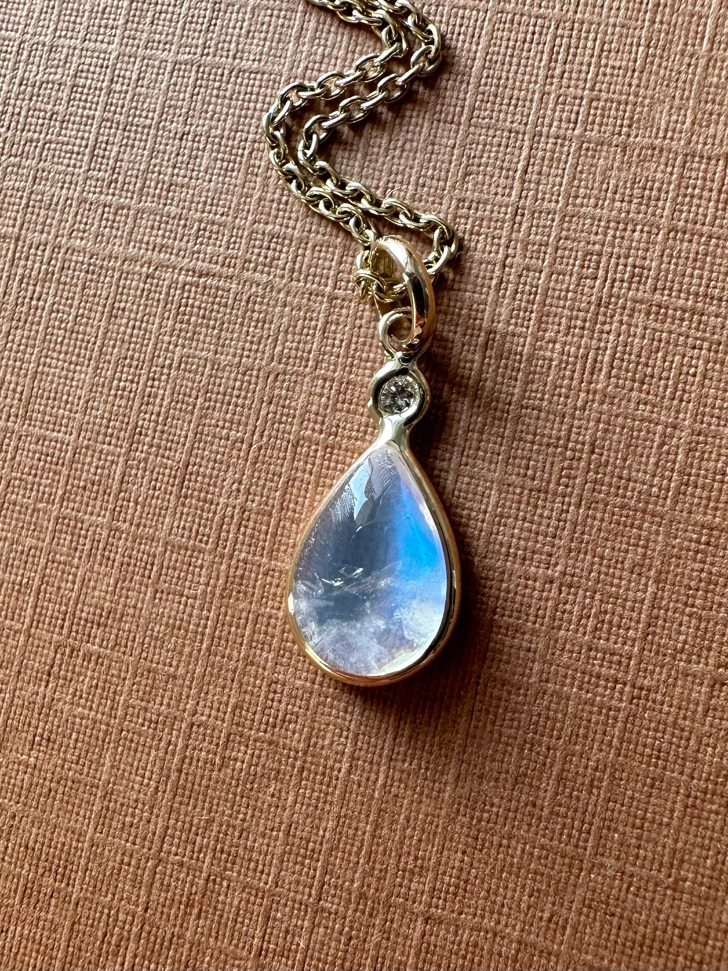 14k Solid Yellow Gold, Diamond, Pear Shaped Blue Rainbow Moonstone Mini Pendant