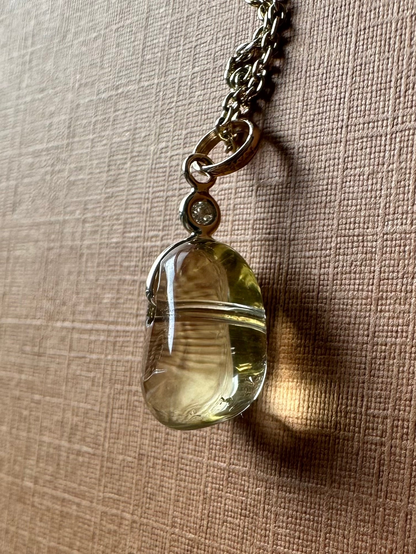 14k Solid Yellow Gold, Diamond, Lemon Quartz Tumbled Nugget Bead Pendant, Mini Size