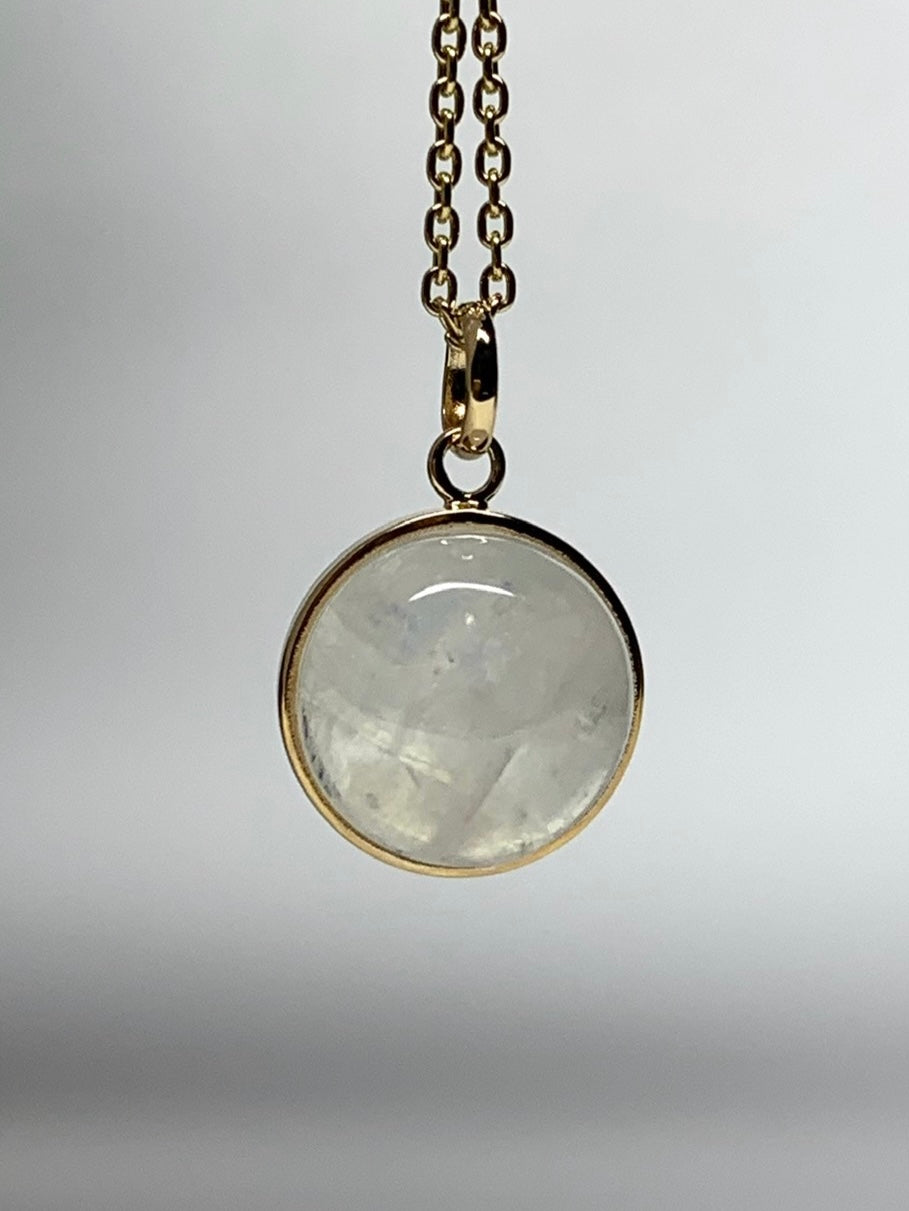 14k Solid Yellow Gold, Natural Rainbow Moonstone Cabochon Pendant, Mini Size