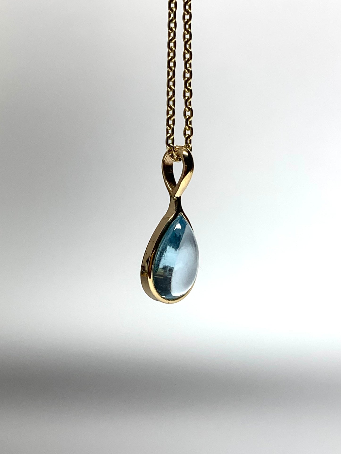 “Water Drop”, 14k Solid Yellow Gold, Blue Topaz Pear Cabochon Mini Pendant