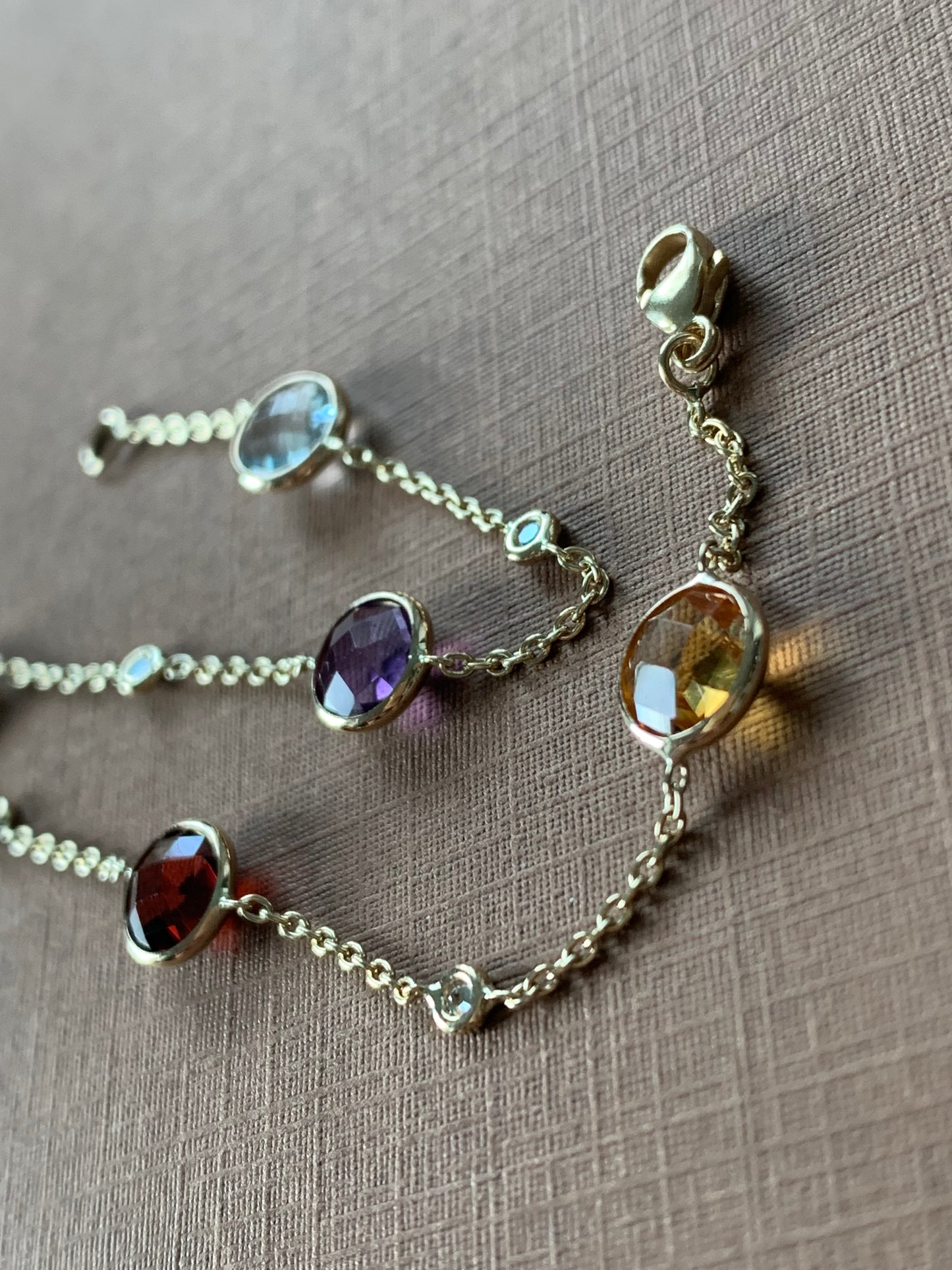 14k Solid Yellow Gold, Diamonds, Multi Gemstone Bracelet, Citrine, Garnet, Peridot, Amethyst, Blue Topaz