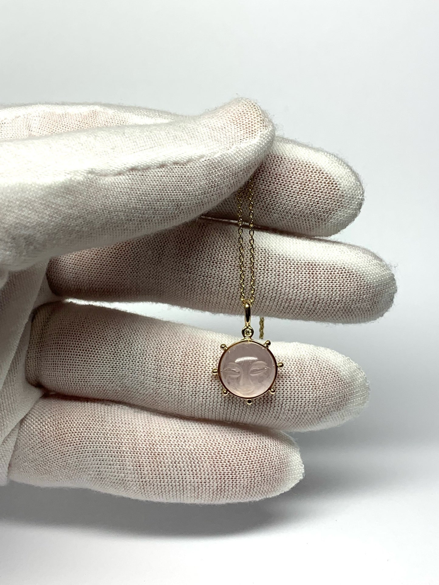 14k Solid Yellow Gold, Rose Pink Quartz, Diamond “Sun” Pendant