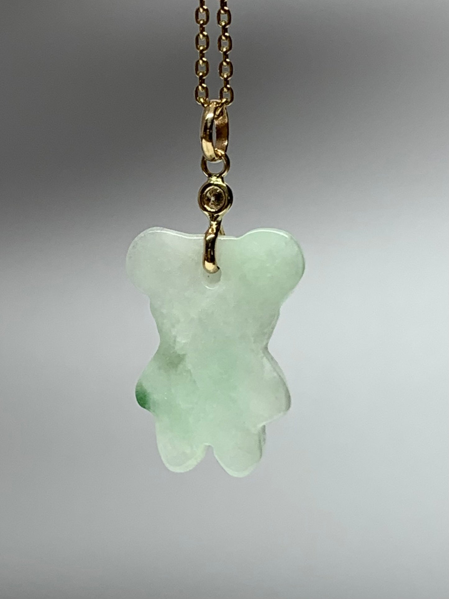 14k Solid Gold, Diamond, White Jade “Teddy Bear” Pendant