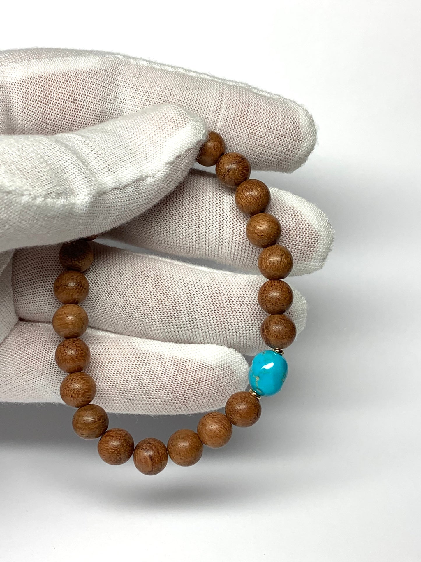 14k Solid Yellow Gold, Wood, Sleeping Beauty Turquoise Stretch Beaded Bracelet