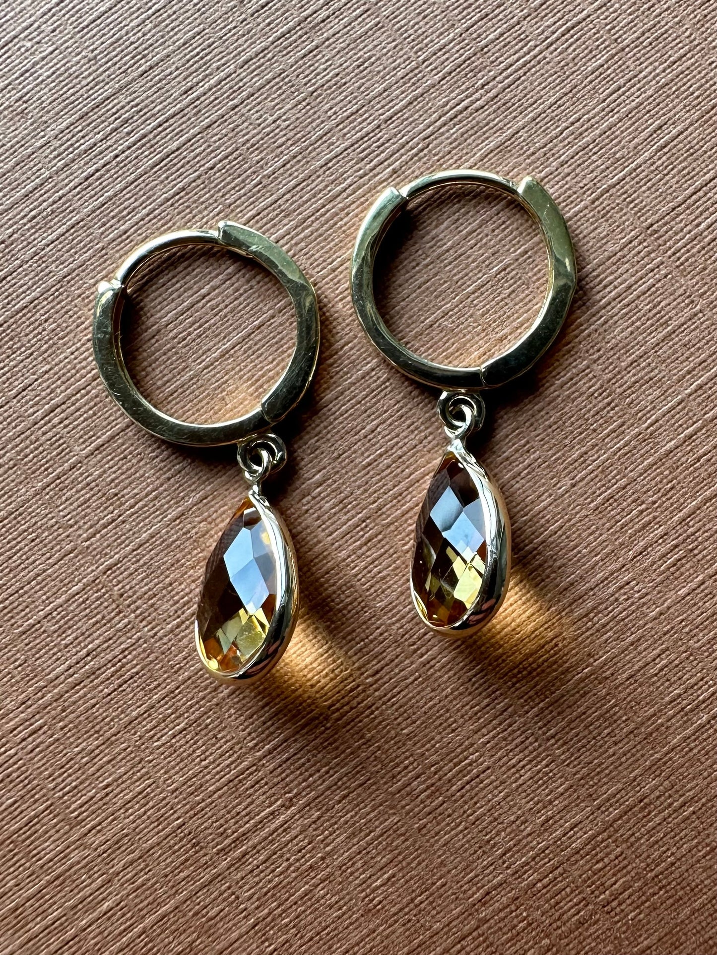 14k Solid Yellow Gold, Yellow Citrine Hoop Earrings, Mini Size