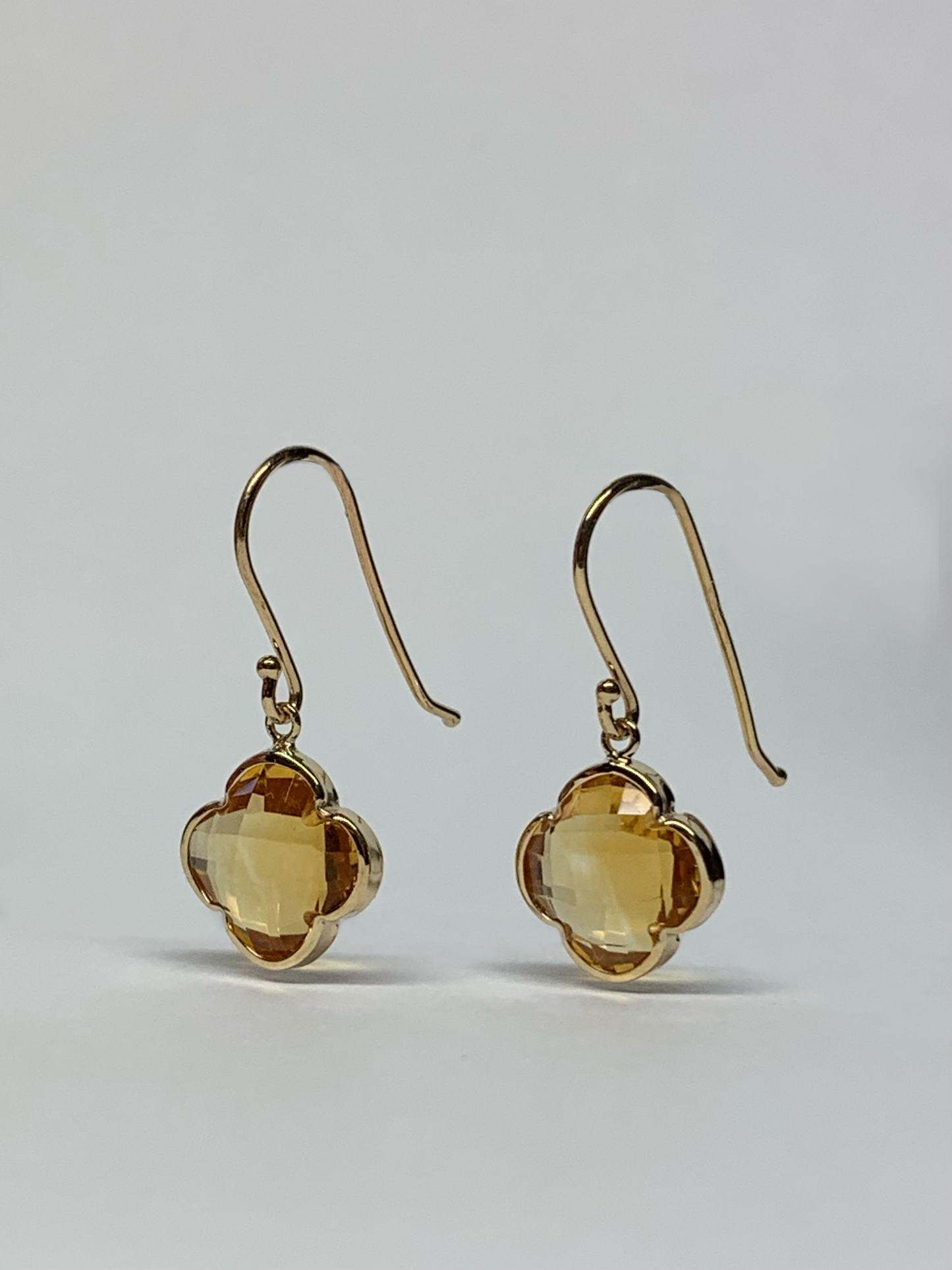 14k Solid Yellow Gold, Yellow Citrine “Clover” Mini Earrings, Fish Hook Ear Wires, French Wire