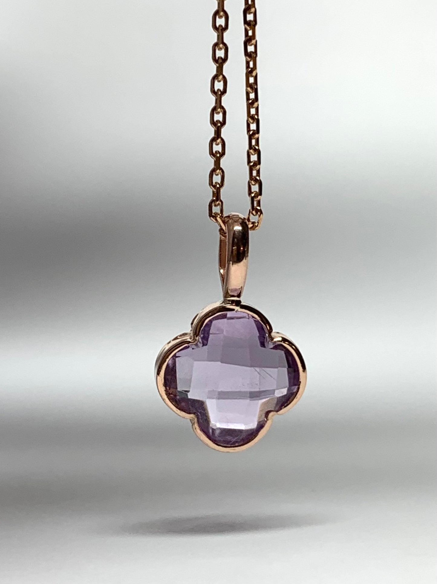 14k Solid Rose Gold, Pink Amethyst Mini Pendant “Clover”, Charm