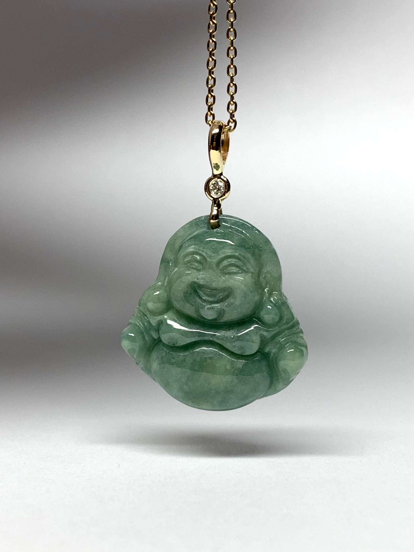 14K Solid Yellow Gold, Diamond, Pale Green Jade “Buddha” Pendant