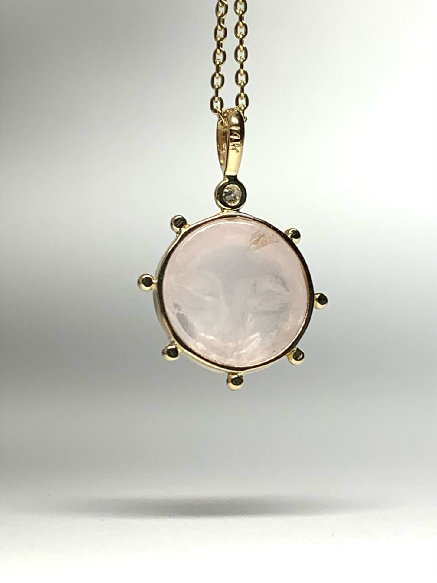 14k Solid Yellow Gold, Rose Pink Quartz, Diamond “Sun” Pendant