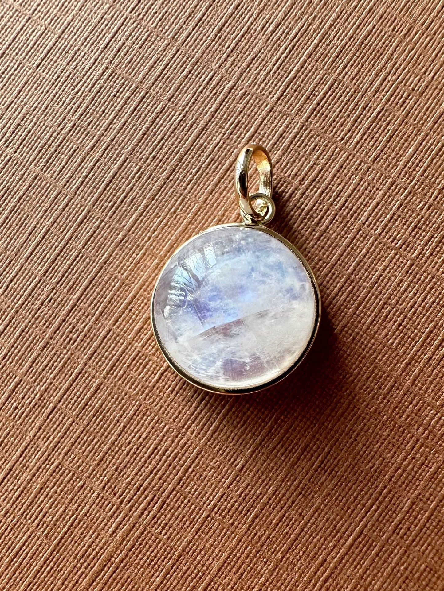 14k Solid Yellow Gold, Natural Rainbow Moonstone Cabochon Pendant, Mini Size