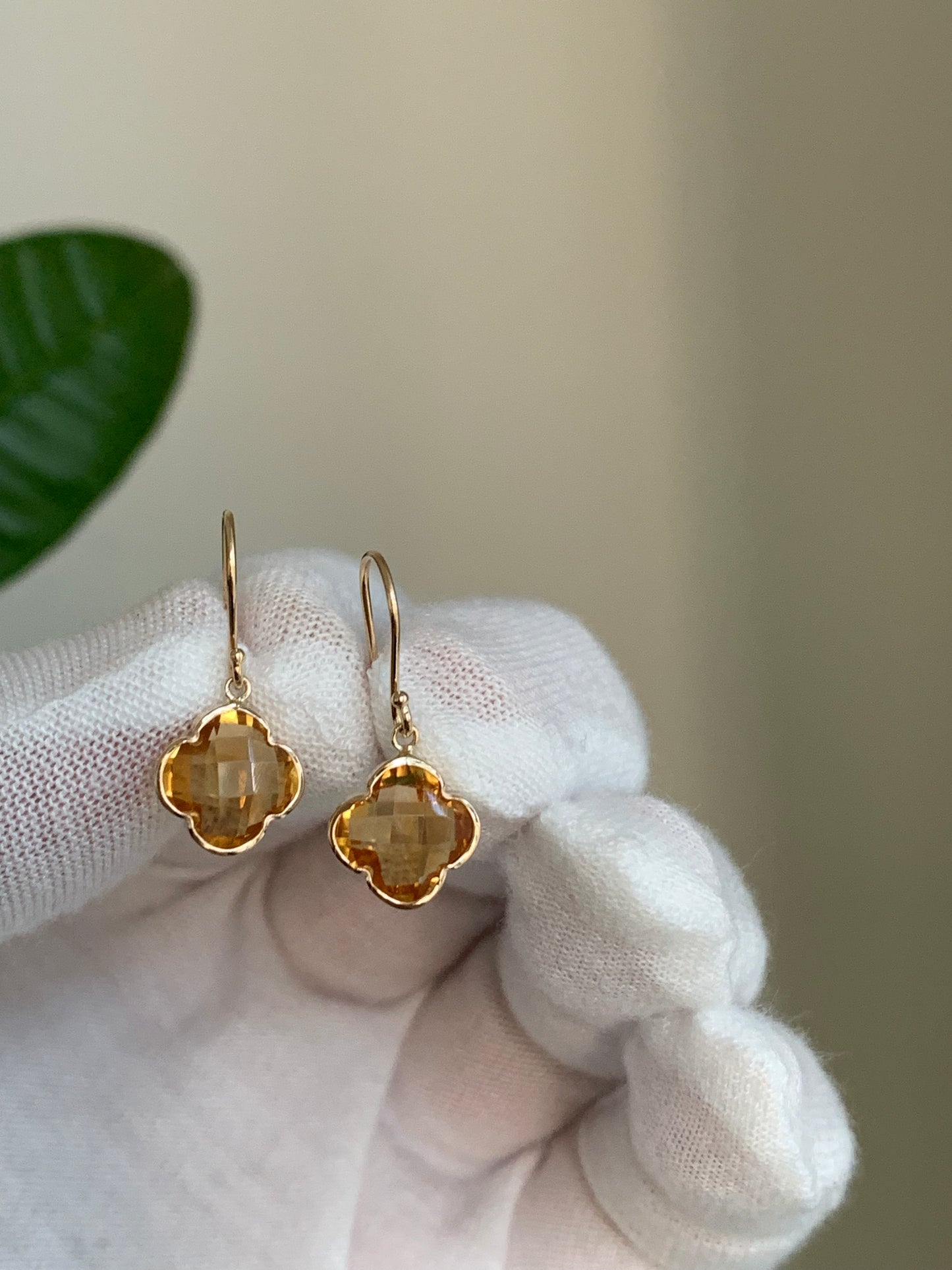 14k Solid Yellow Gold, Yellow Citrine “Clover” Mini Earrings, Fish Hook Ear Wires, French Wire