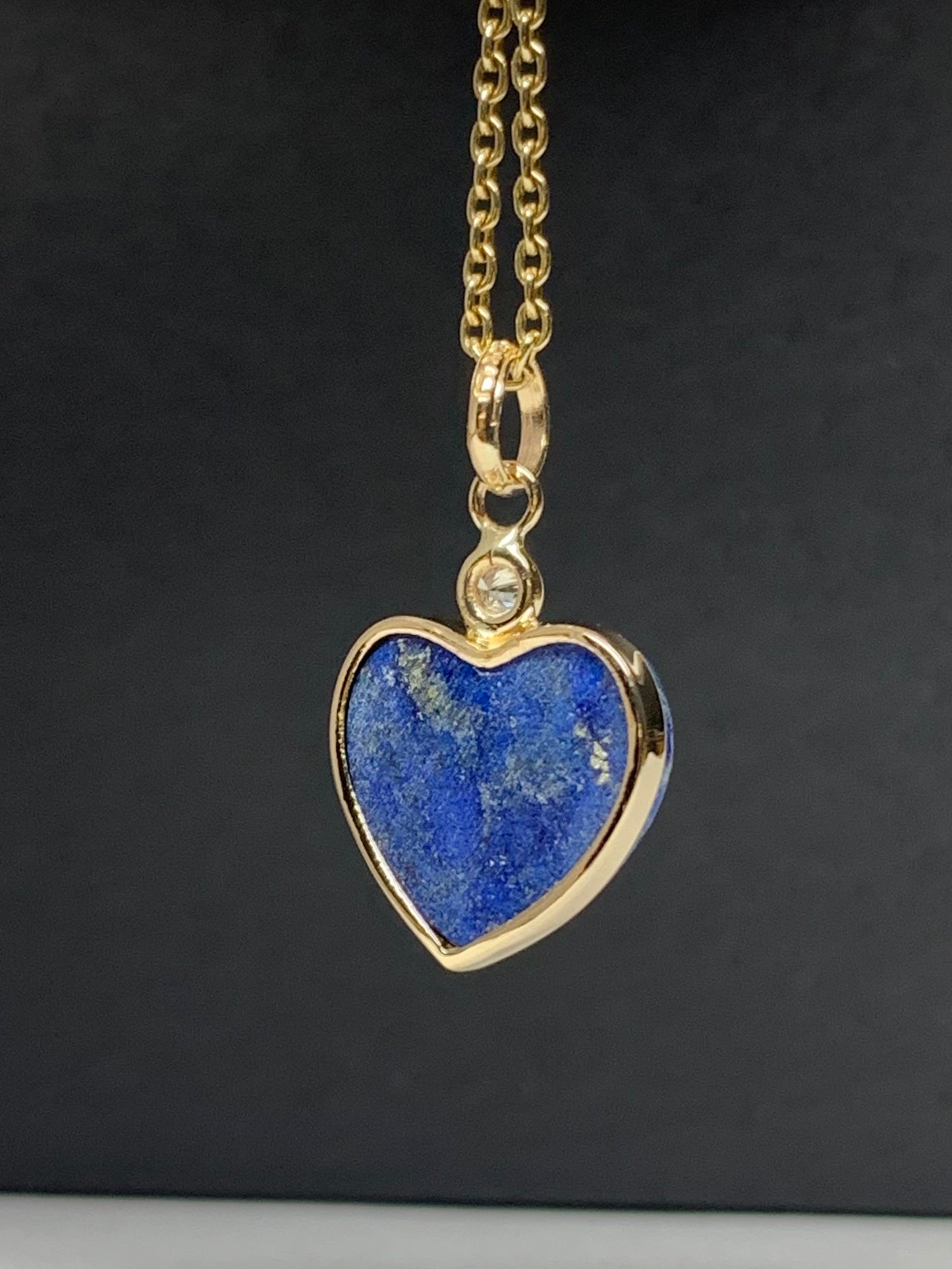 14k Solid Yellow Gold, Diamond, Blue Lapis Lazuli “Heart” Mini Pendant