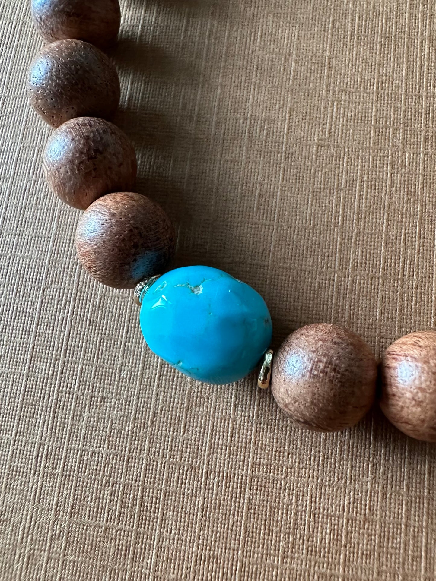 14k Solid Yellow Gold, Wood, Sleeping Beauty Turquoise Stretch Beaded Bracelet