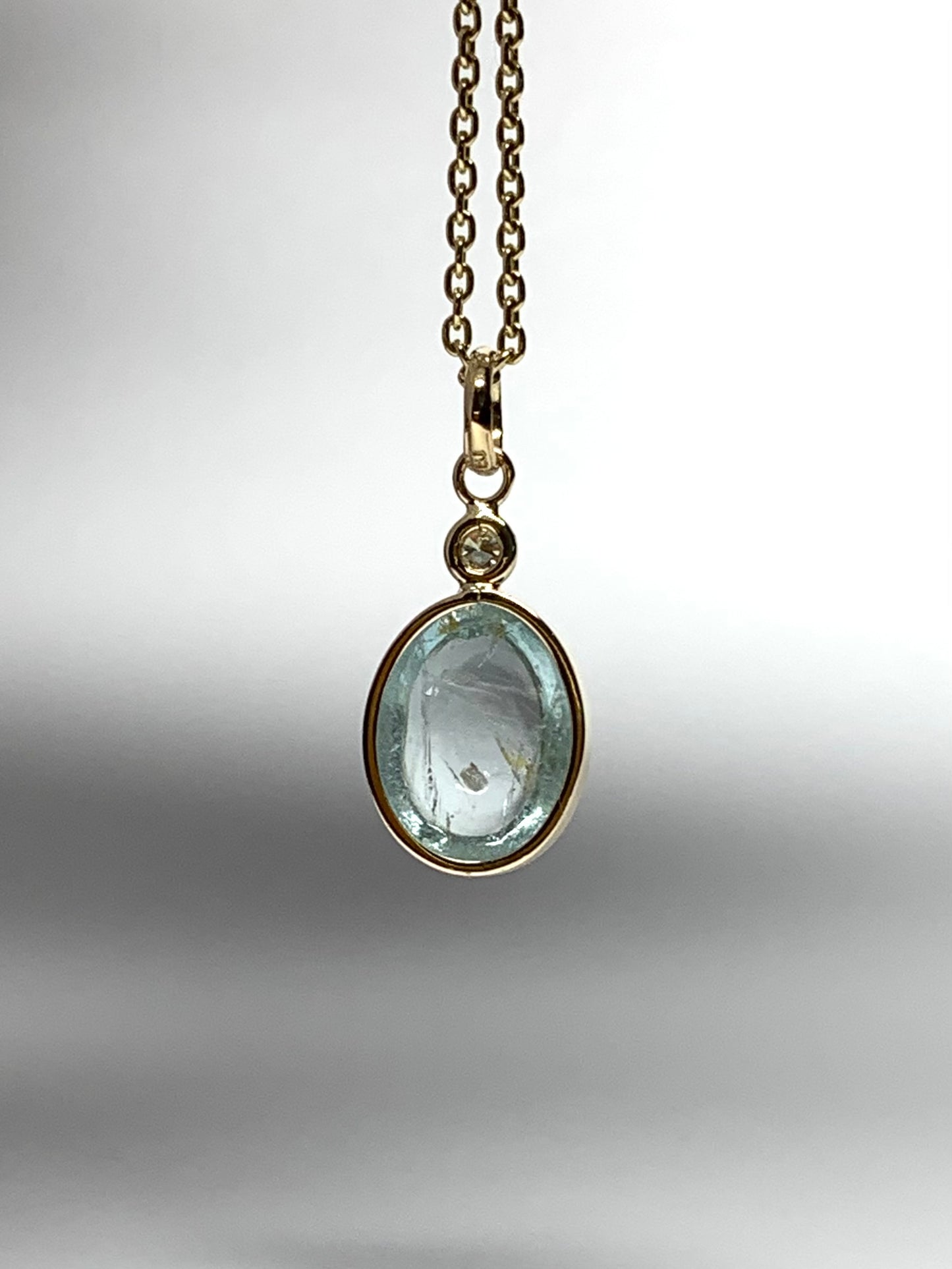 14k Solid Yellow Gold, Diamond, Pale Blue Aquamarine Oval Cabochon Pendant, Mini Size