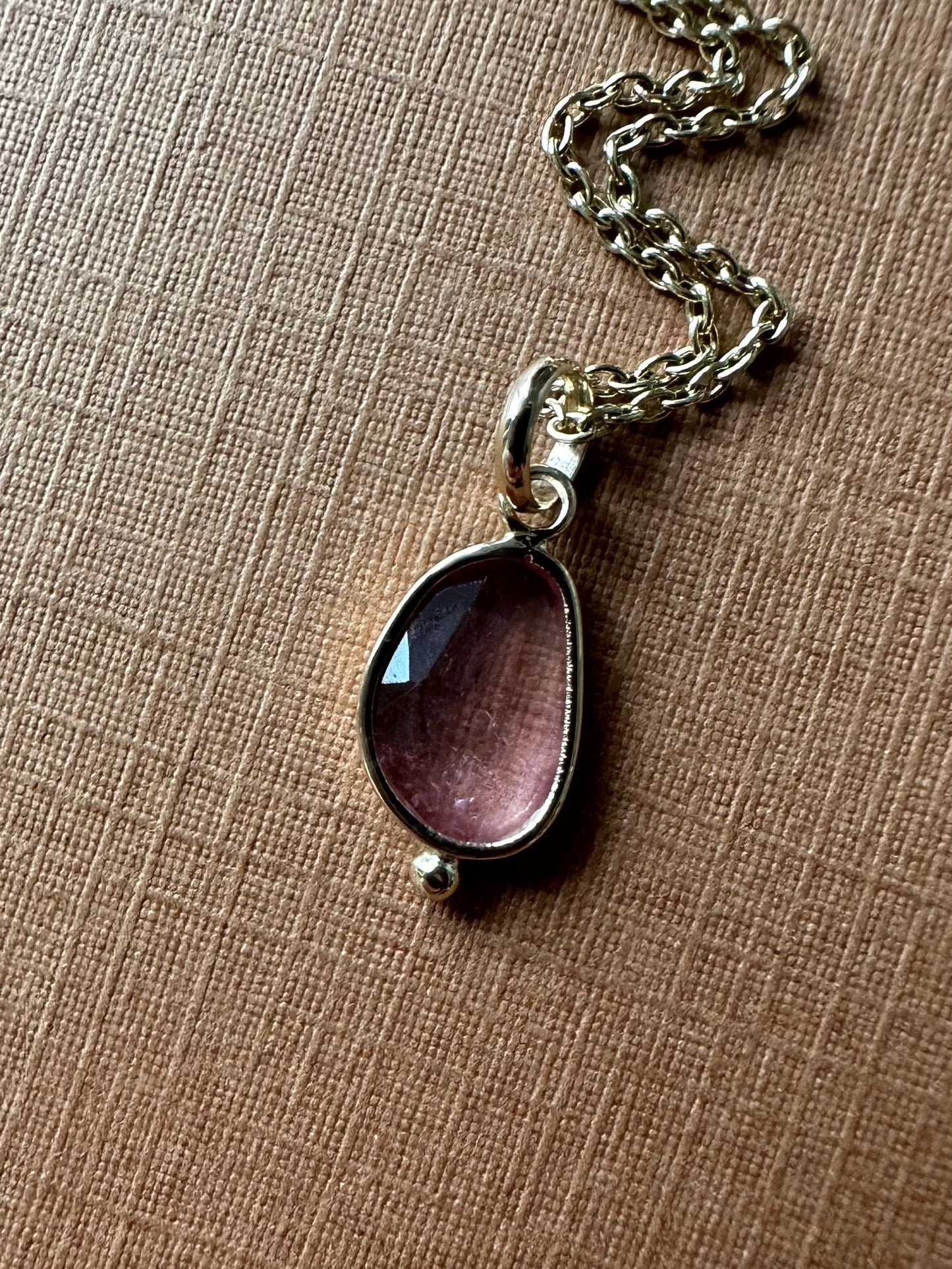 14k Solid Yellow Gold, Natural Light Pink Tourmaline Tiny Pendant