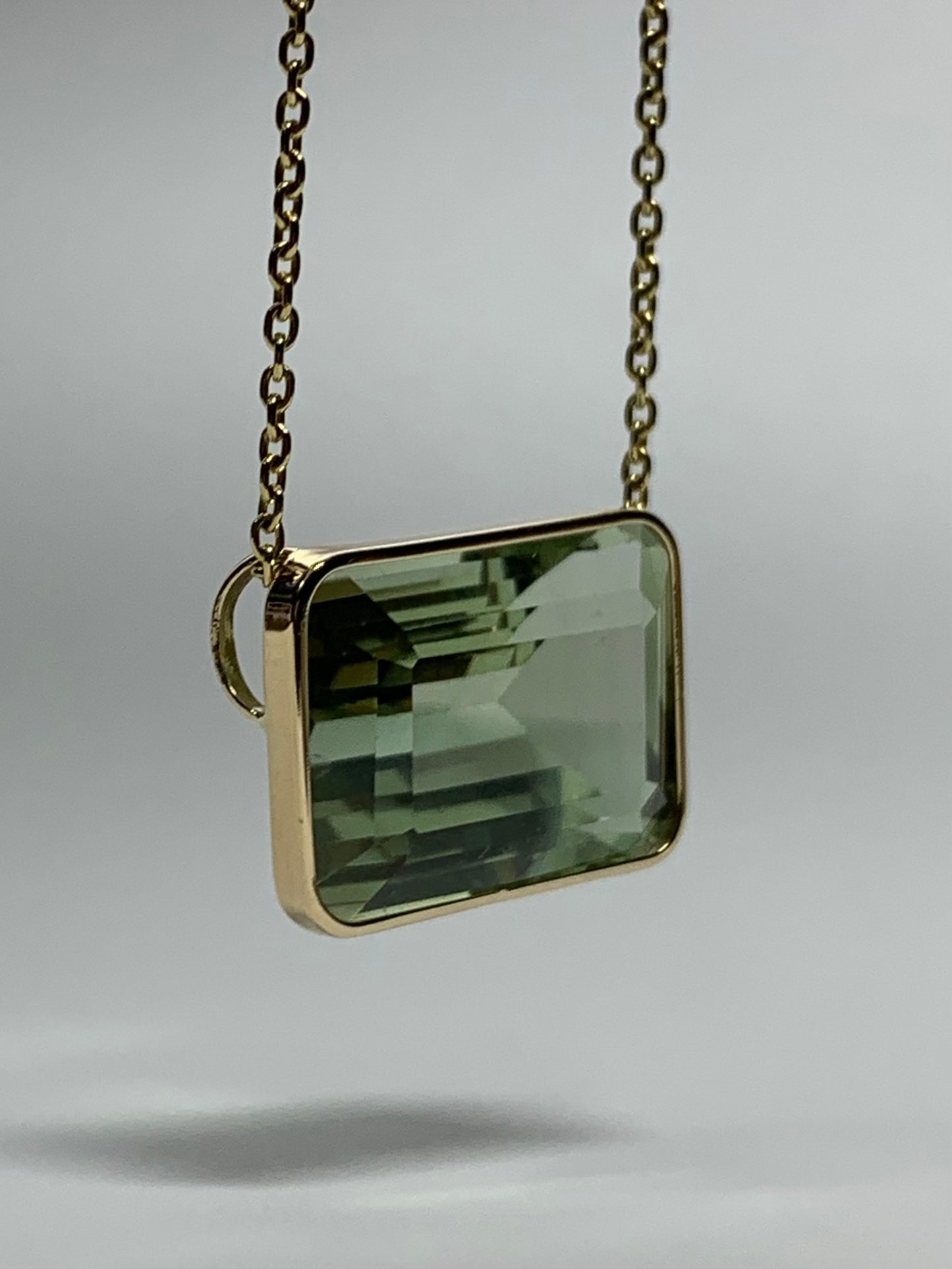 14k Solid Yellow Gold, Green Amethyst Slider Pendant, Rectangle Shape