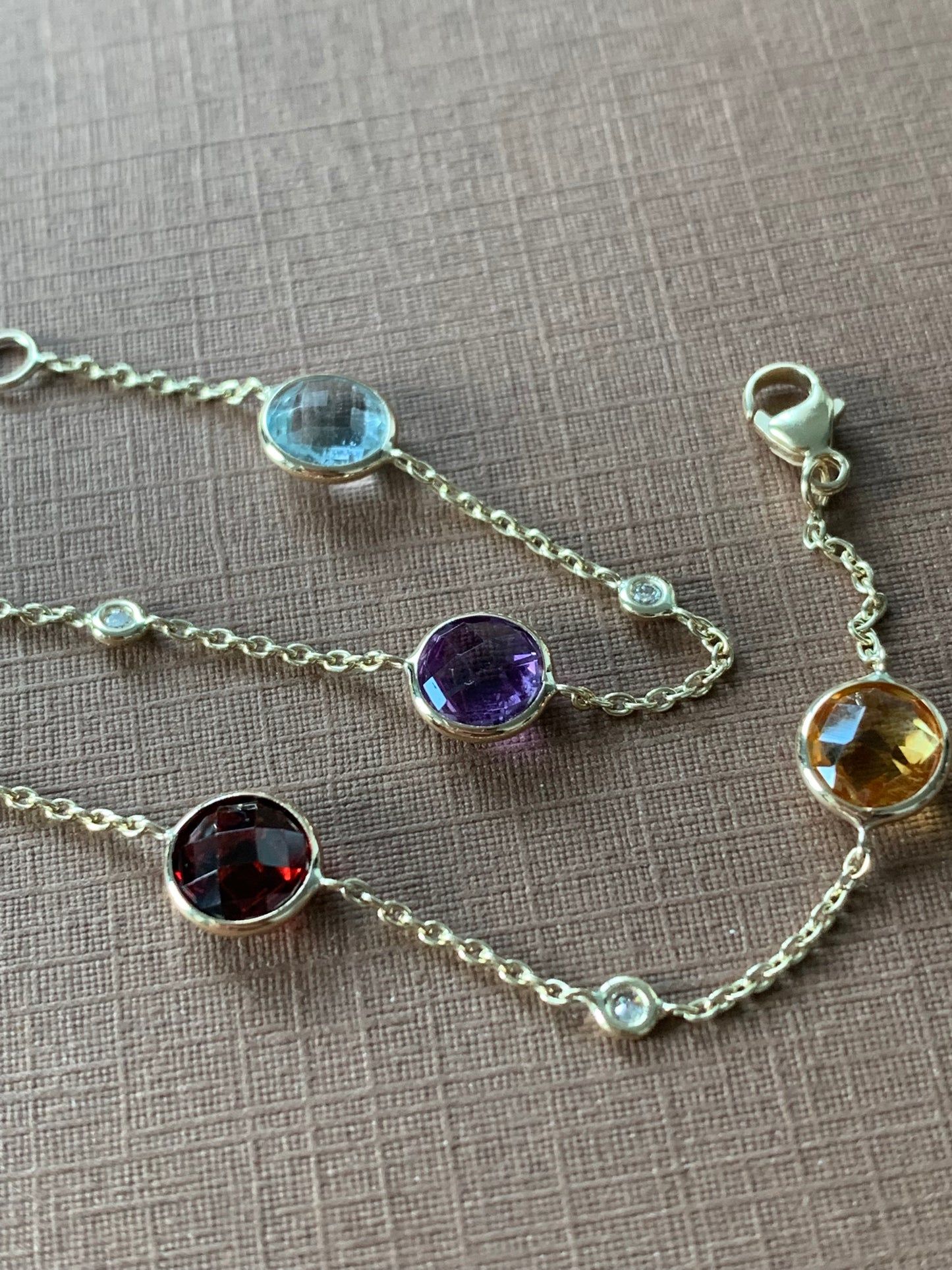 14k Solid Yellow Gold, Diamonds, Multi Gemstone Bracelet, Citrine, Garnet, Peridot, Amethyst, Blue Topaz