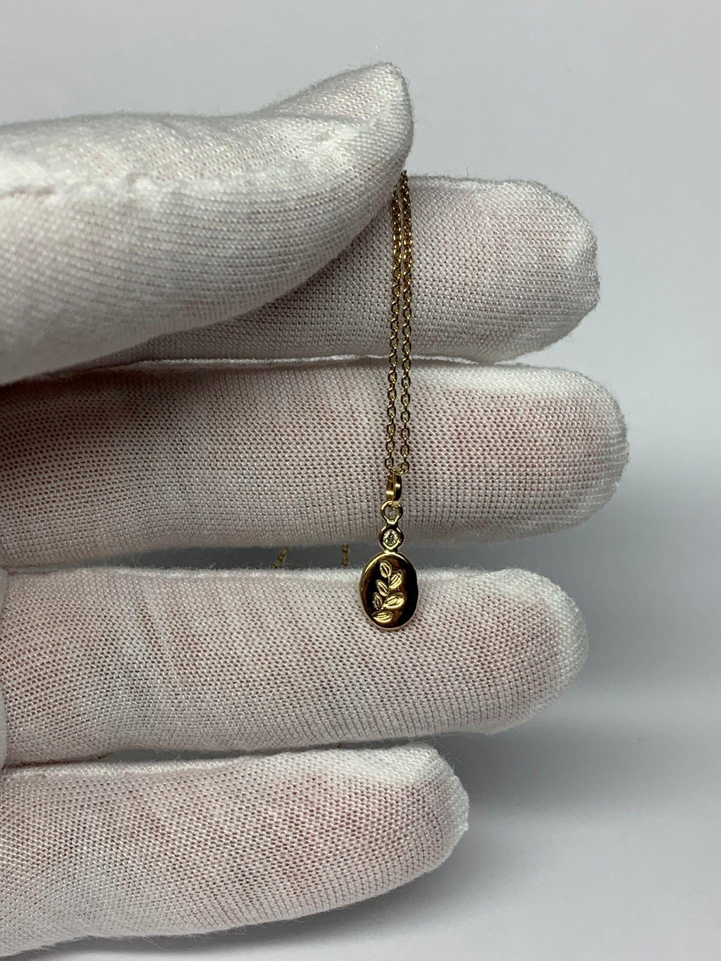 18k Solid Yellow Gold Nugget “Olive Branch”, Natural White Diamond, Mini Size Pendant Charm