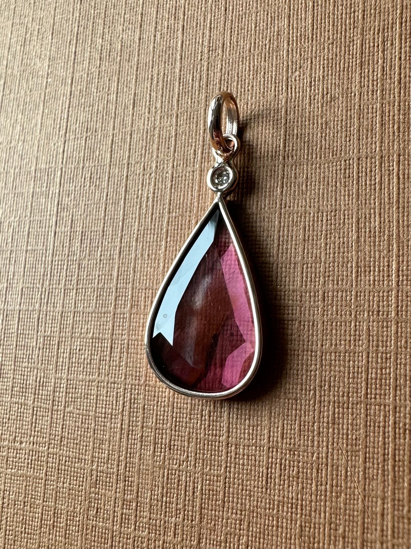 14K Solid Rose Gold, Diamond, Pink Tourmaline Pendant