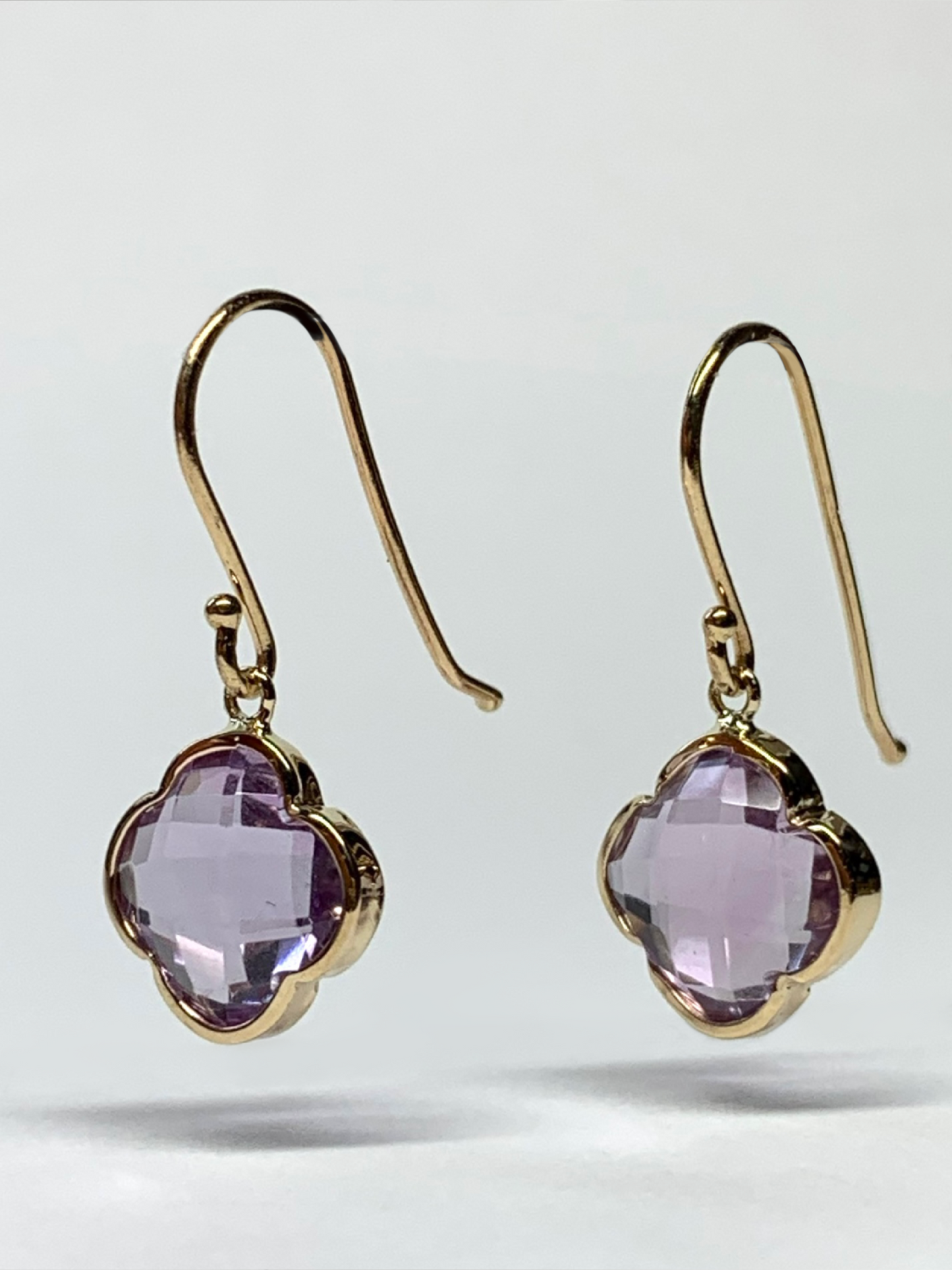 14k Solid Yellow Gold, Pink Amethyst “Clover” Mini Earrings, Fish Hook Ear Wires, French Wire