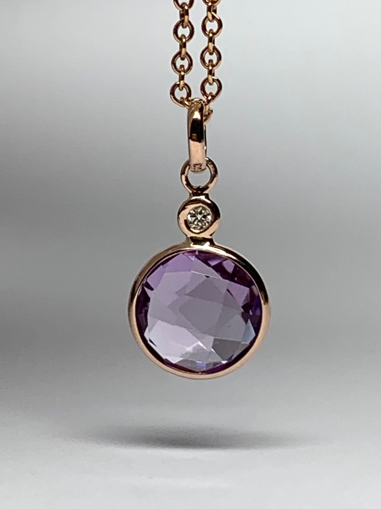 14K Solid Rose Gold, Diamond, Pink Amethyst Mini Pendant