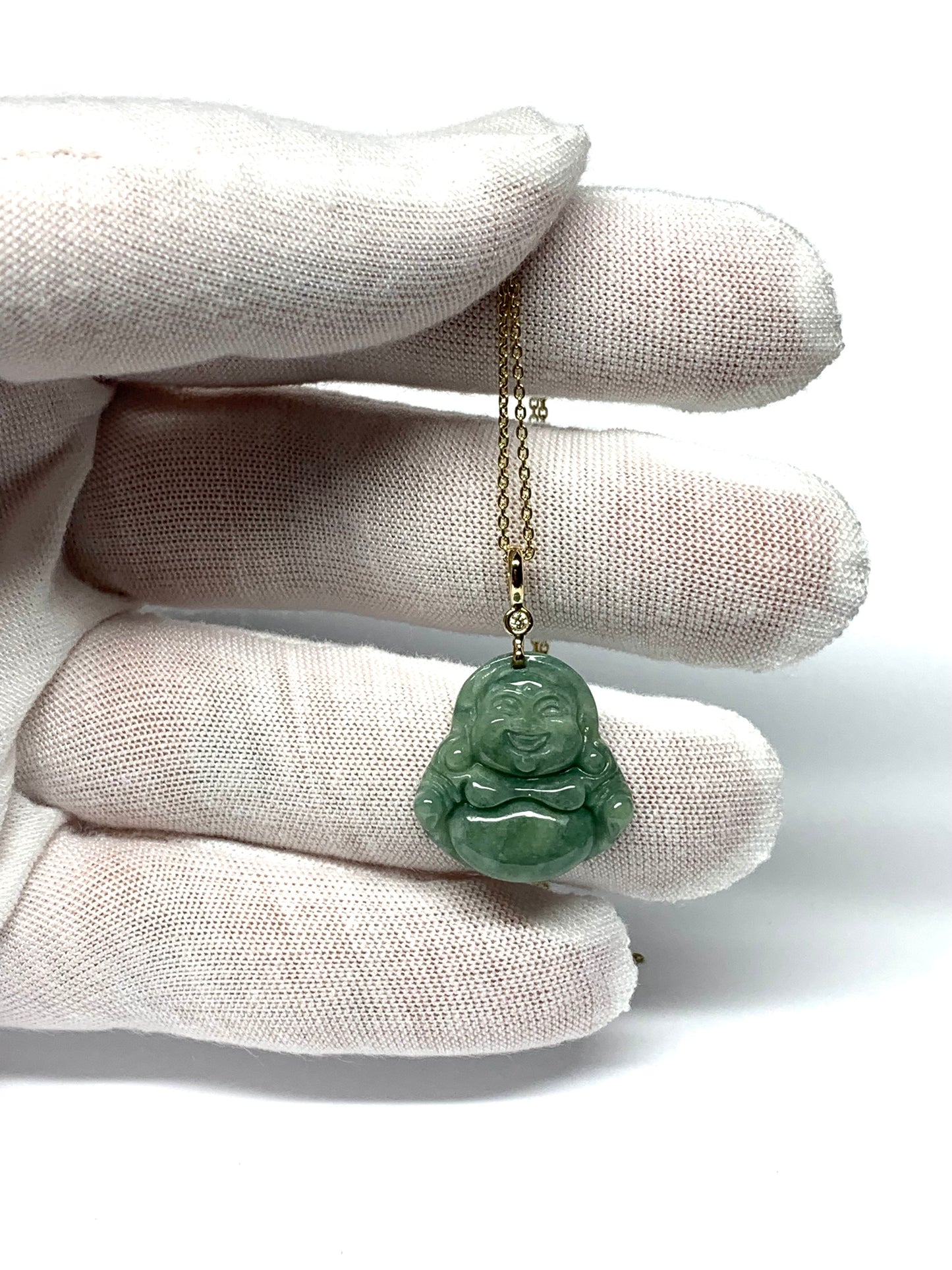 14K Solid Yellow Gold, Diamond, Pale Green Jade “Buddha” Pendant