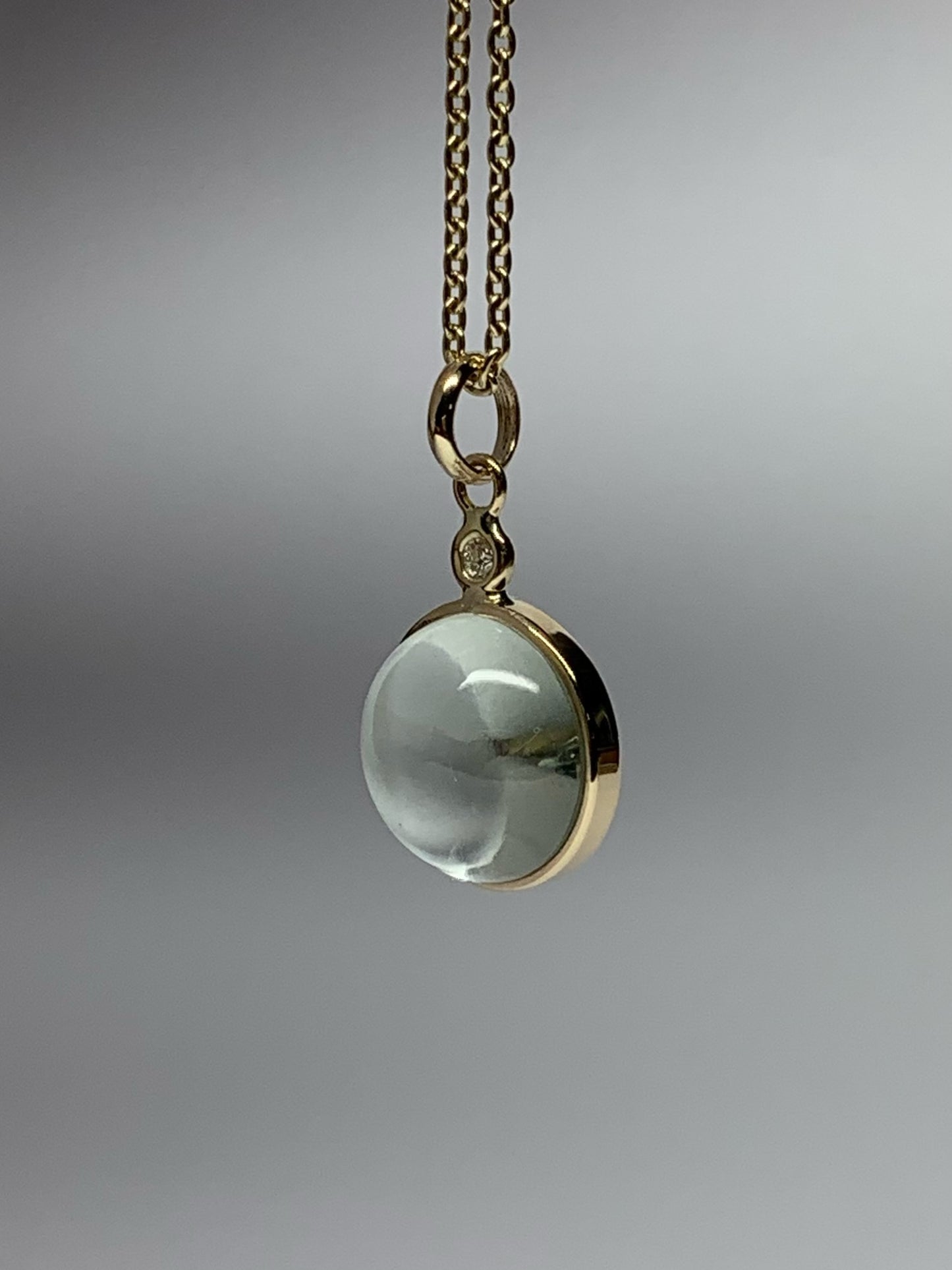 14k Solid Yellow Gold, White Diamond, Green Amethyst Cabochon Mini Pendant