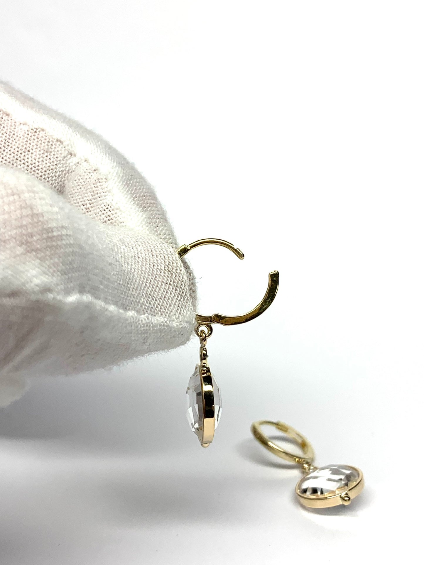 14k Solid Yellow Gold, Natural Diamonds, Clear Quartz Dangling Drop Hoops Earrings