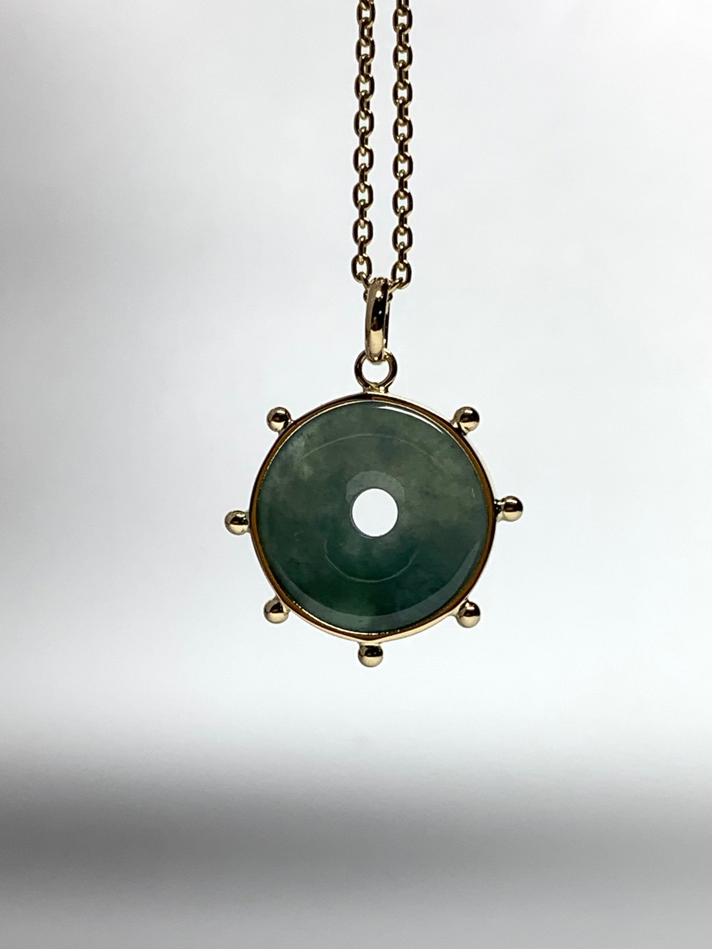 14k Solid Yellow Gold, Natural Green Jade Donut “Sun” Pendant, Mini Size