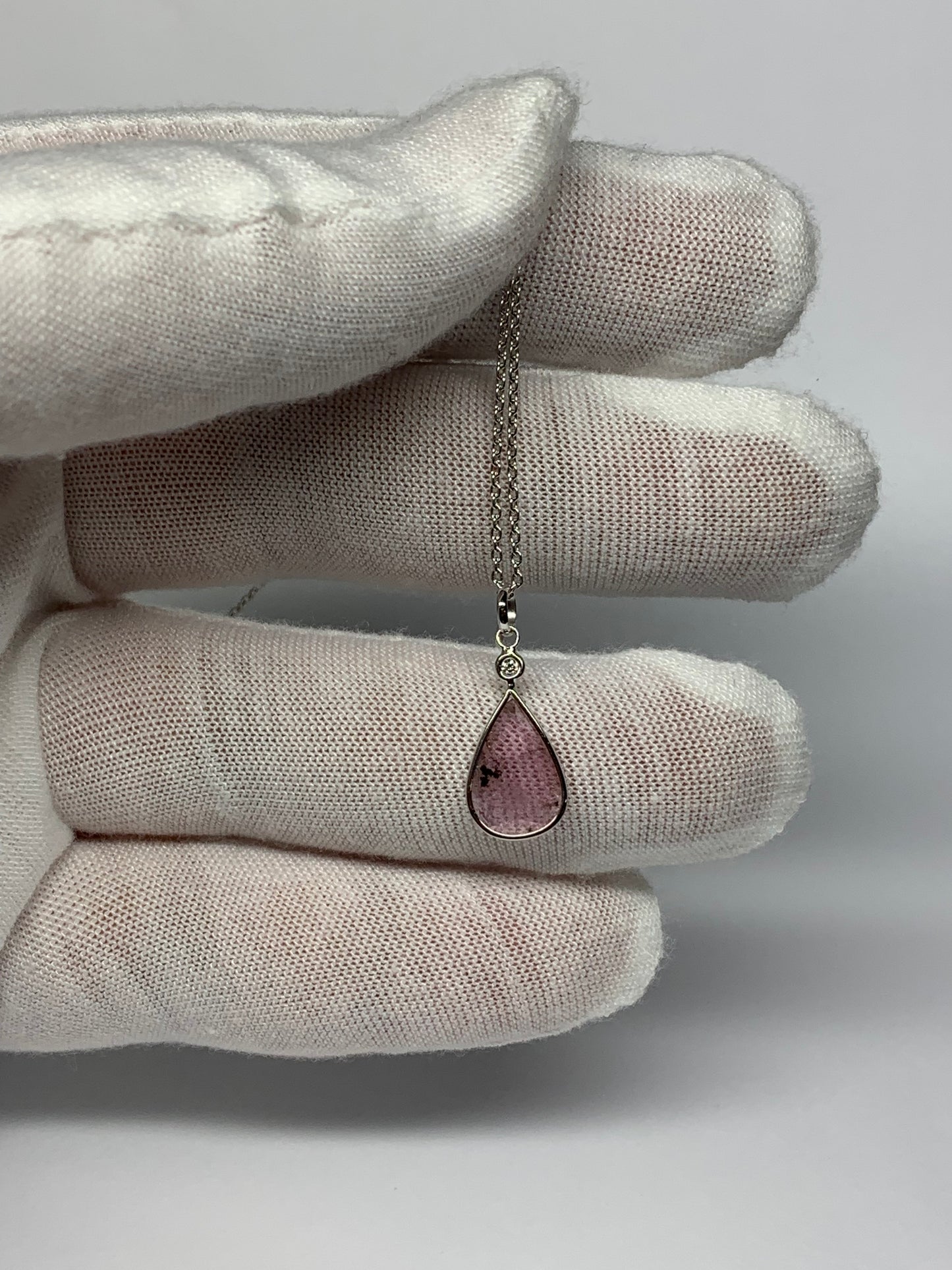 14k Solid White Gold, Diamond, Pink Tourmaline Drop Pendant, Small Size