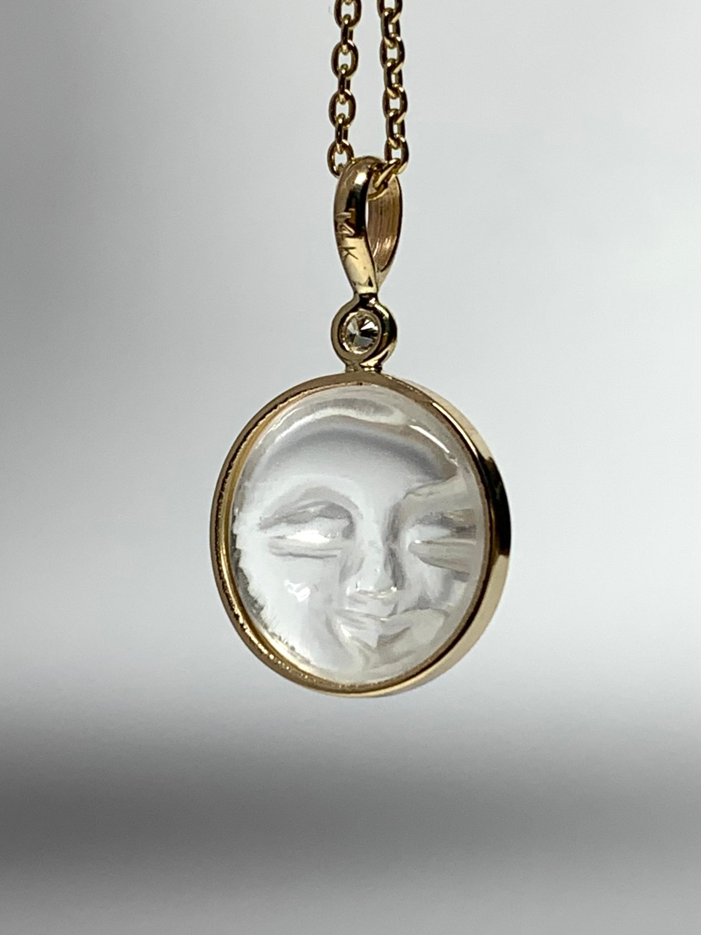 14k Solid Yellow Gold, Clear Quartz, White Diamond “Moon and Star” Pendant, Carved Face, Small Size