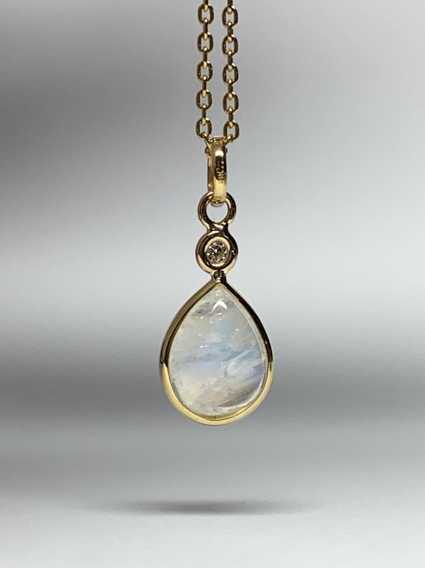 18k Solid Yellow Gold, Diamond, Pear Shaped Blue Rainbow Moonstone Mini Pendant