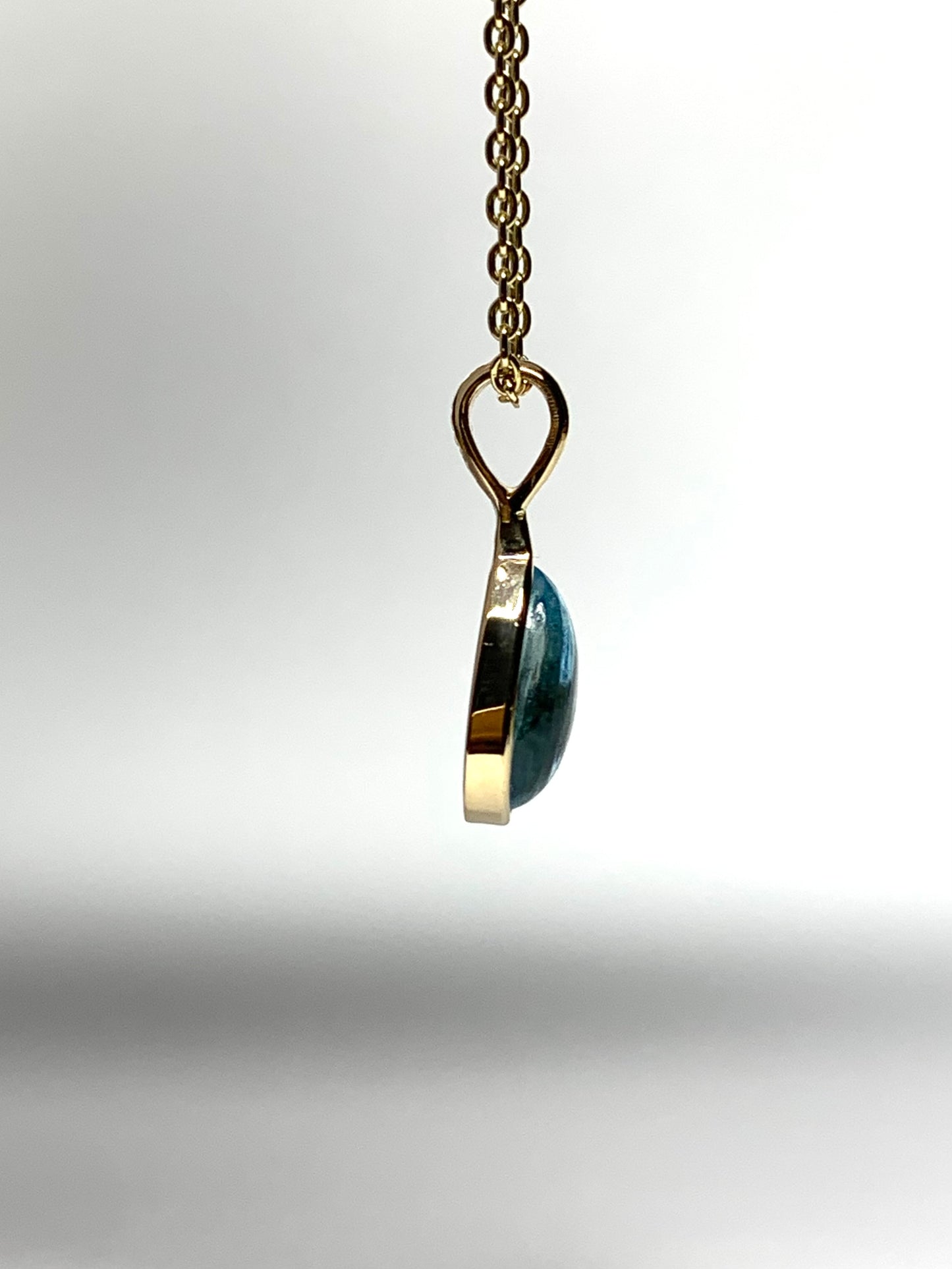 “Water Drop”, 14k Solid Yellow Gold, Blue Topaz Pear Cabochon Mini Pendant