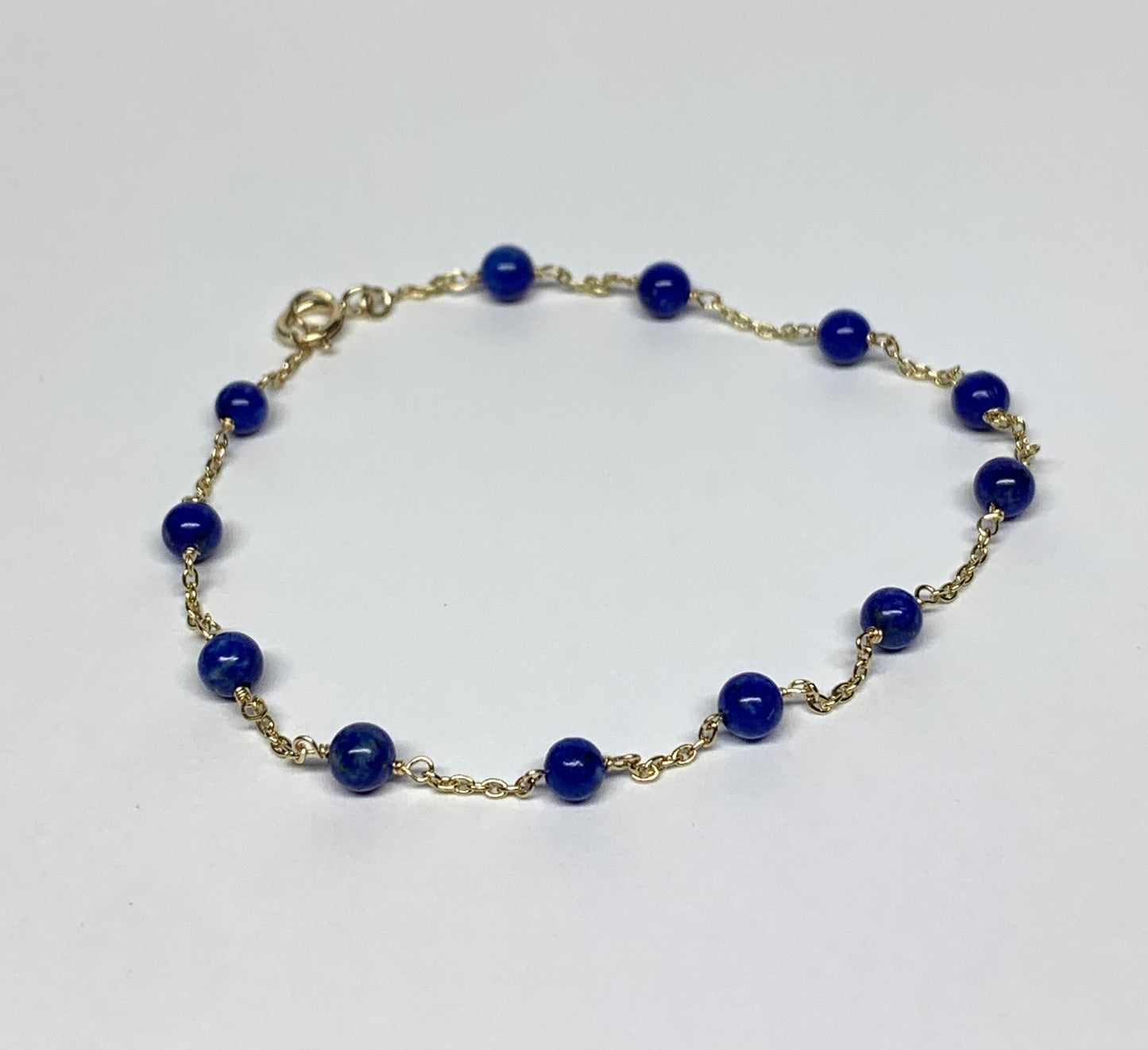 14k Solid Yellow Gold, Blue Lapis Lazuli Beads Station Bracelet