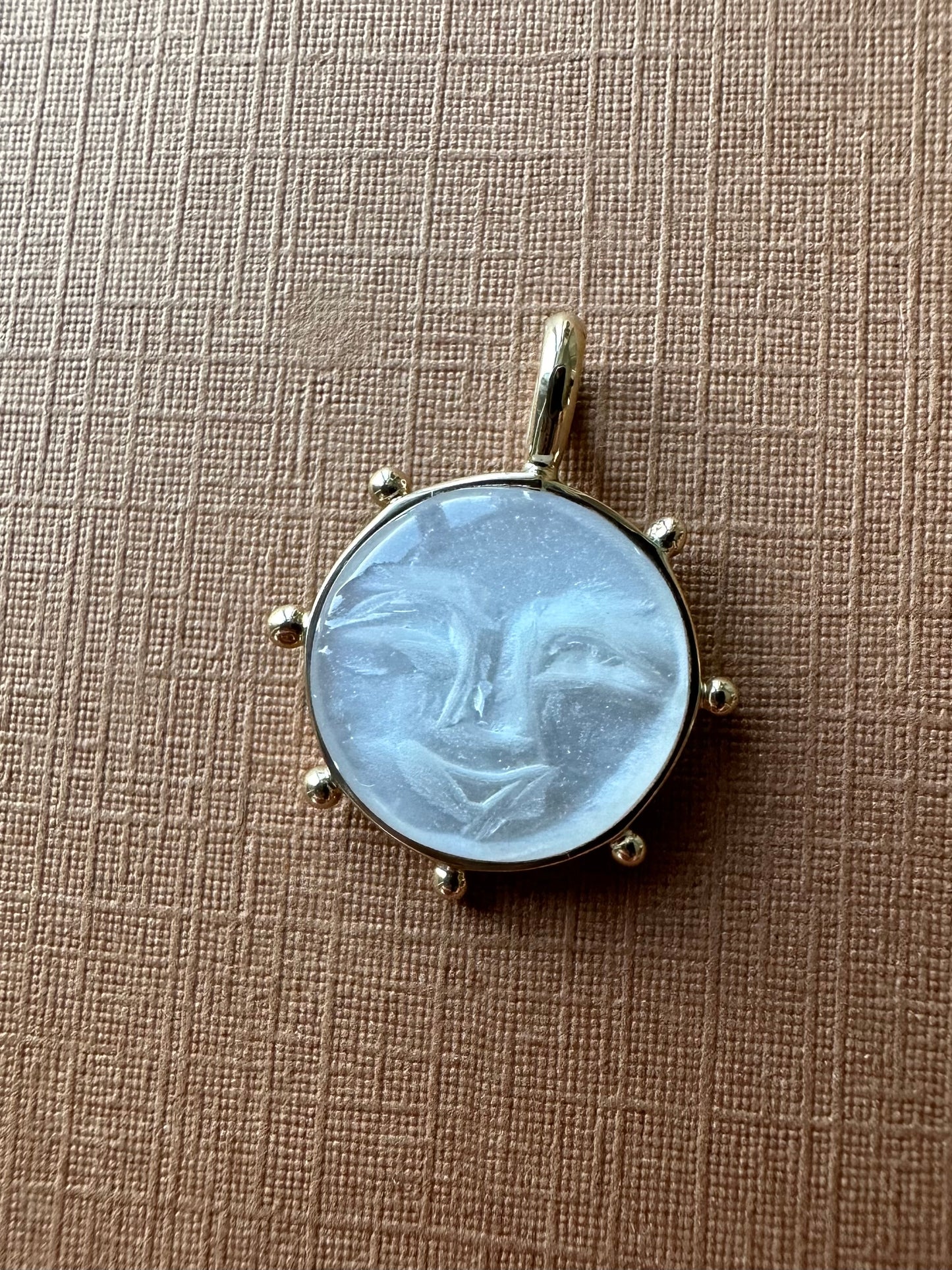 14k Solid Yellow Gold, White Moonstone “Sun” Pendant, Small Size