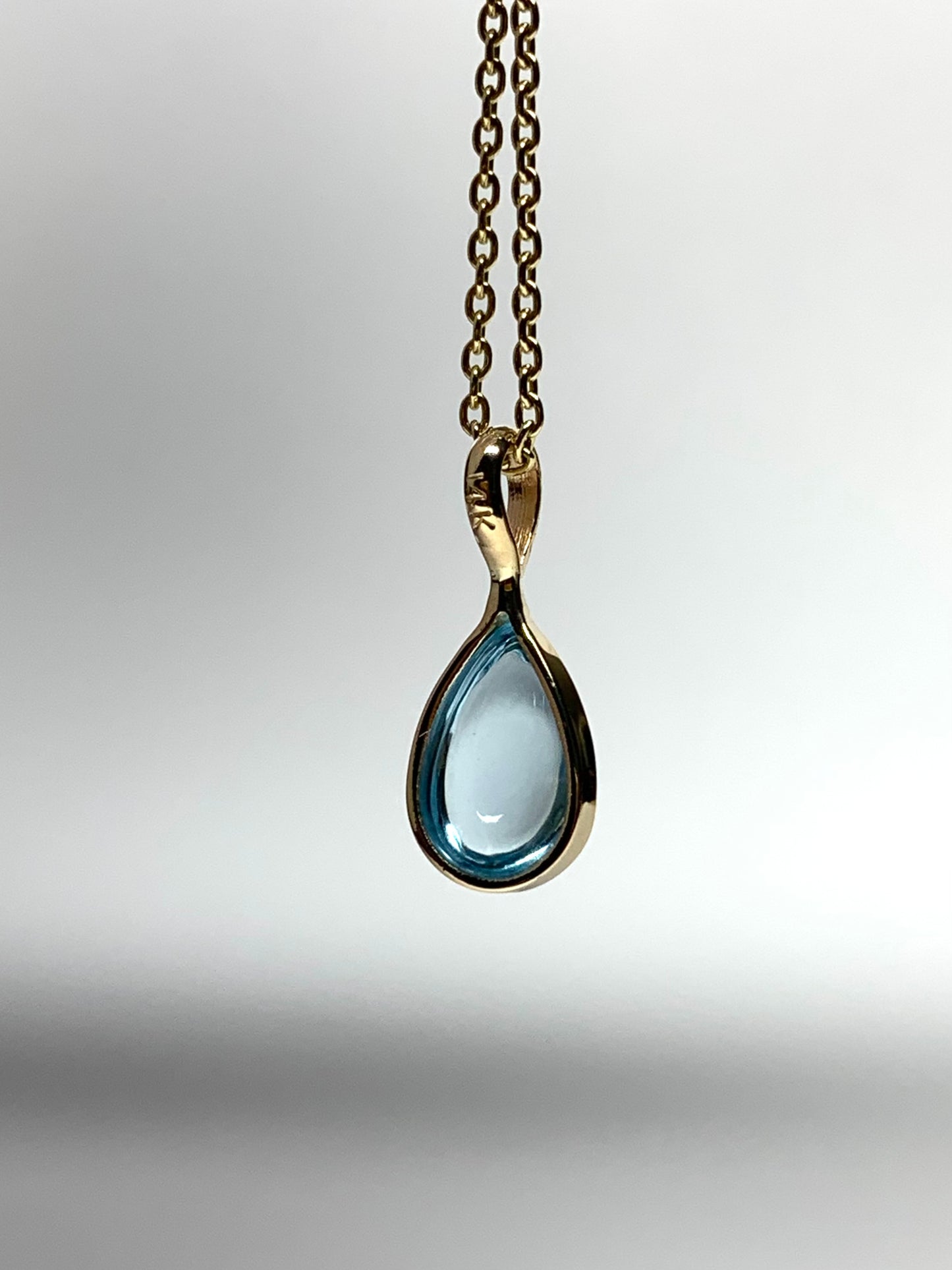 “Water Drop”, 14k Solid Yellow Gold, Blue Topaz Pear Cabochon Mini Pendant