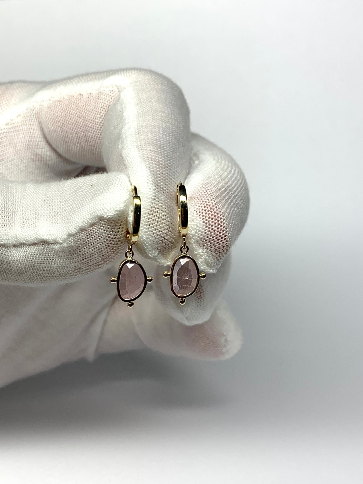 14k Solid Yellow Gold, Natural Pink Tourmaline Mini Hoop Earrings