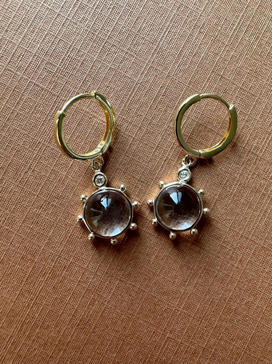 14k Solid Yellow Gold, Diamonds, Clear Quartz “Sun” Mini Earrings