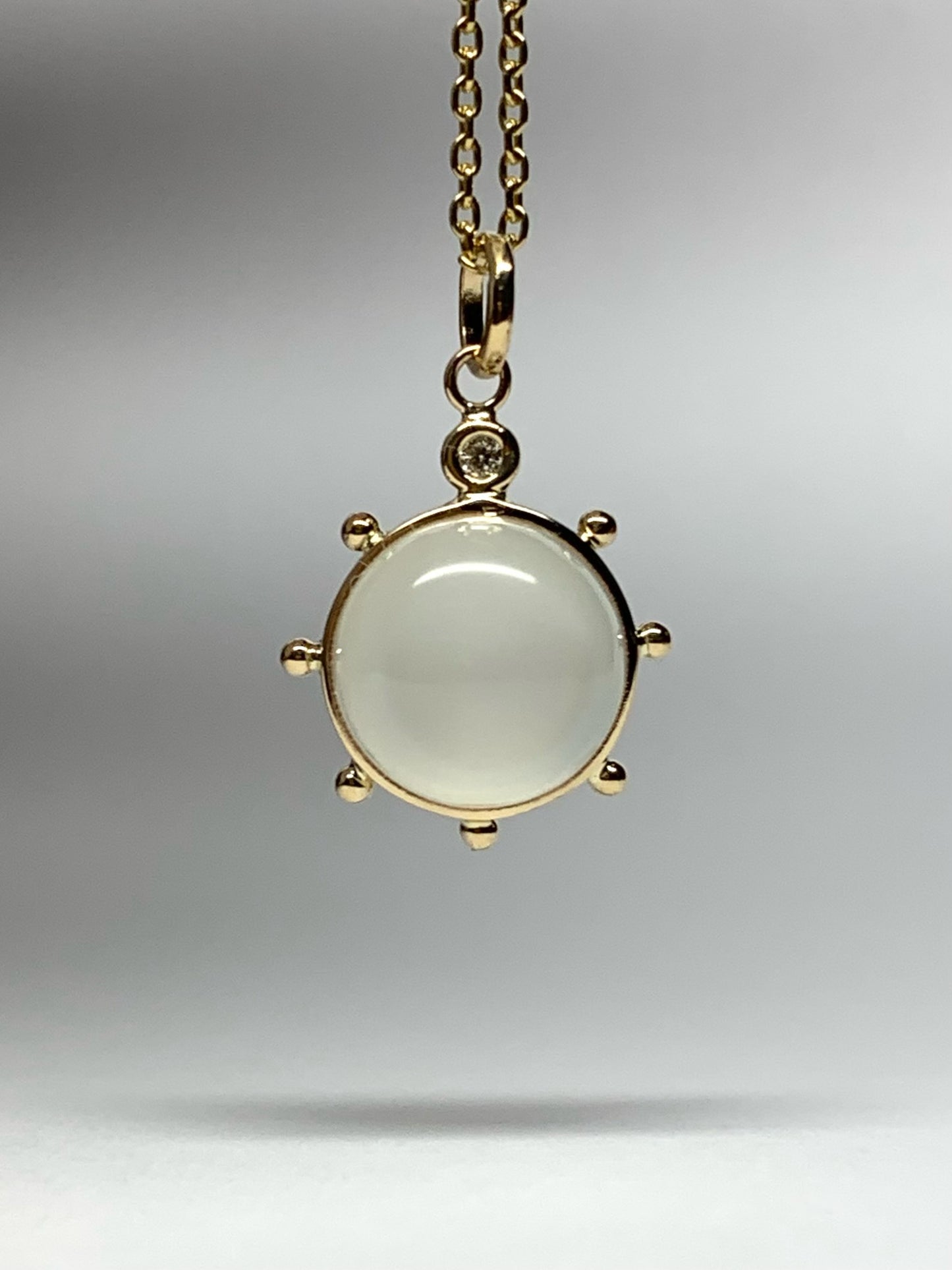 14k Solid Yellow Gold, White Moonstone, Diamond “Sun” Pendant, Mini Size