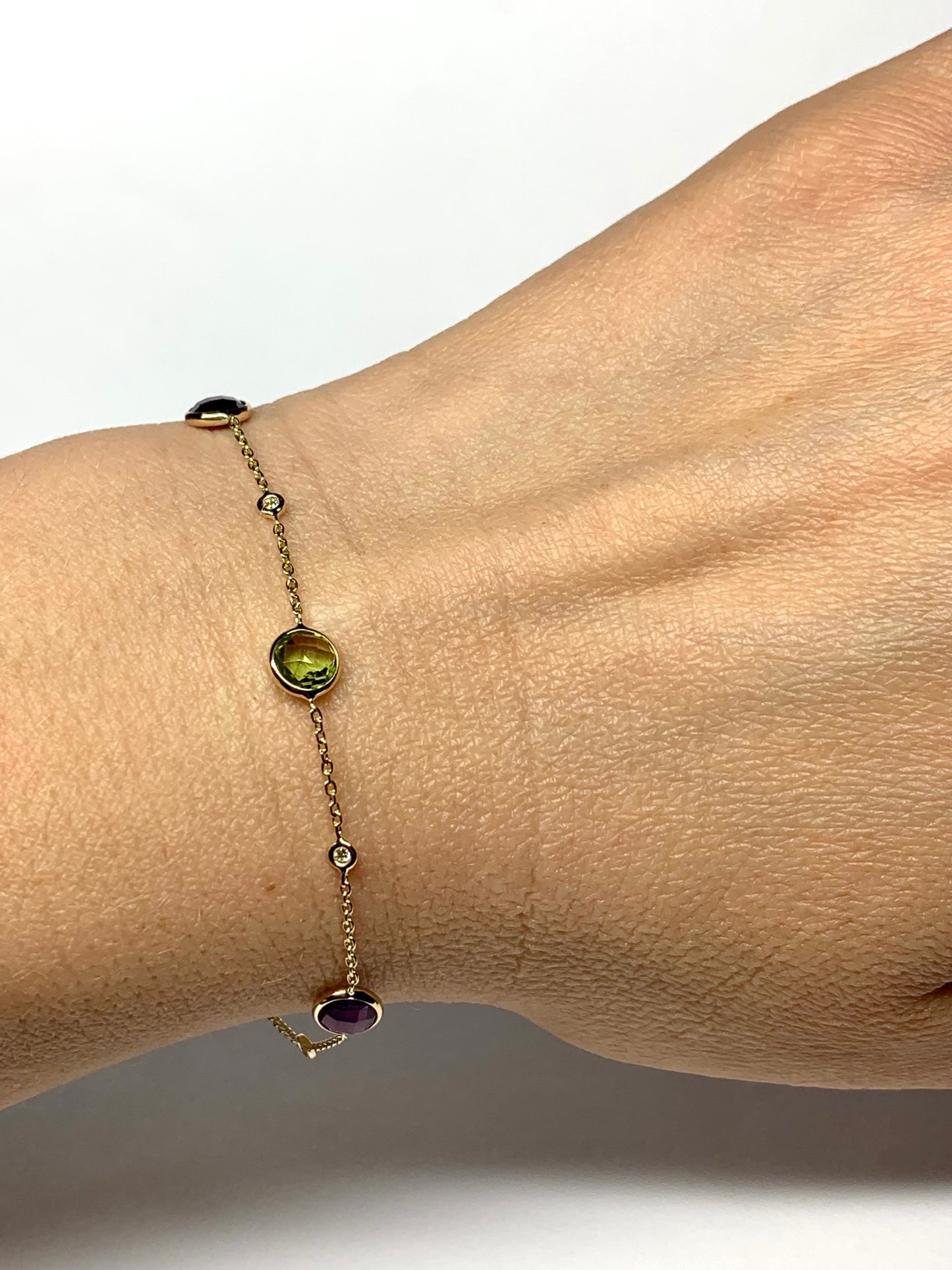 14k Solid Yellow Gold, Diamonds, Multi Gemstone Bracelet, Citrine, Garnet, Peridot, Amethyst, Blue Topaz