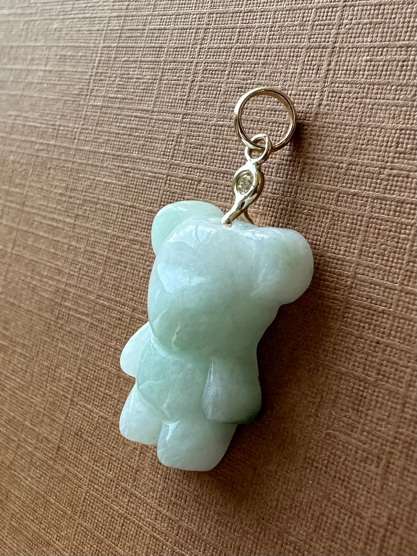 14k Solid Gold, Diamond, White Jade “Teddy Bear” Pendant