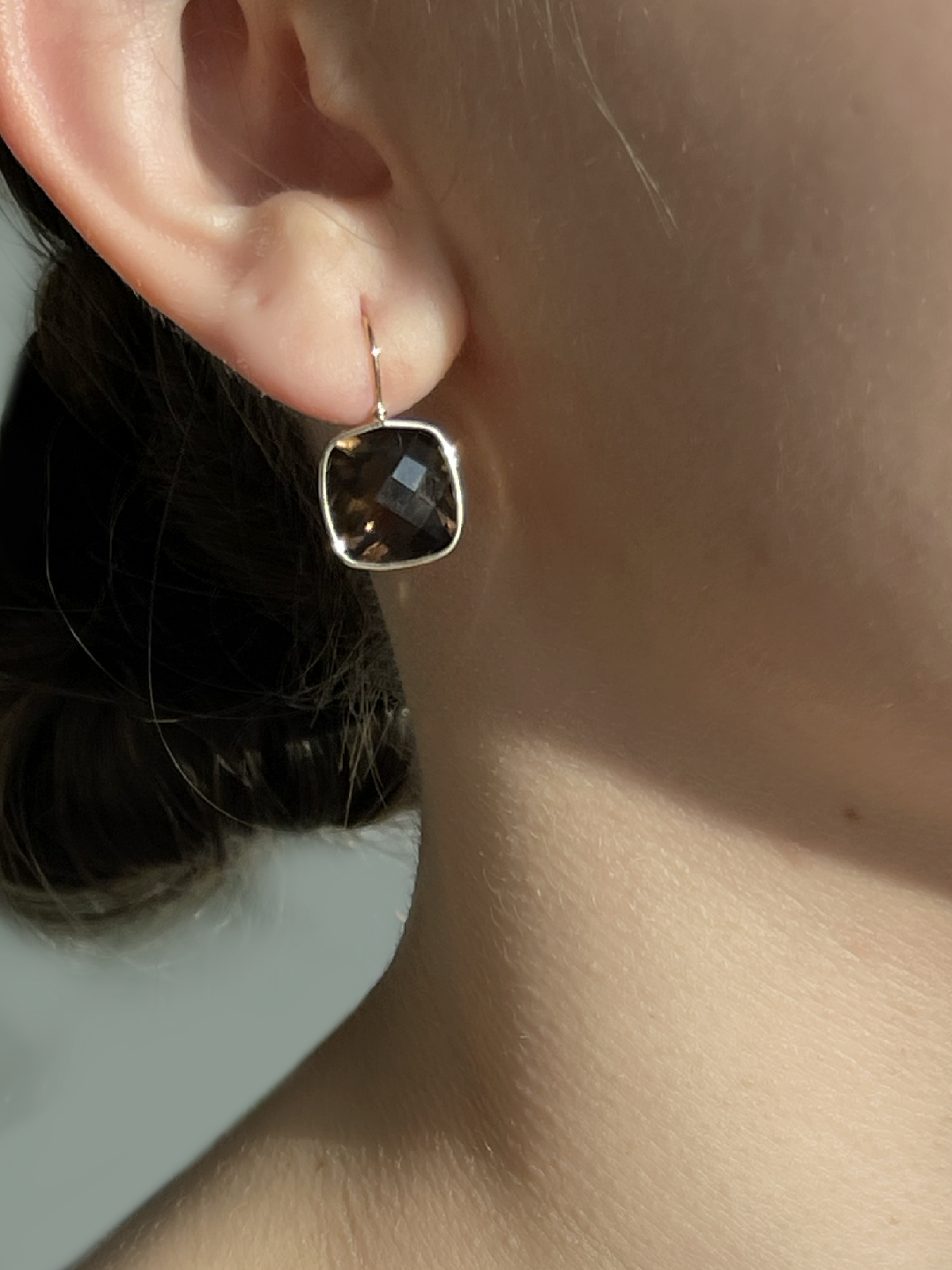 14k Solid Gold Smoky Quartz Earrings, Cushion Shaped, Checkerboard Cut, Fish Hook Ear Wires